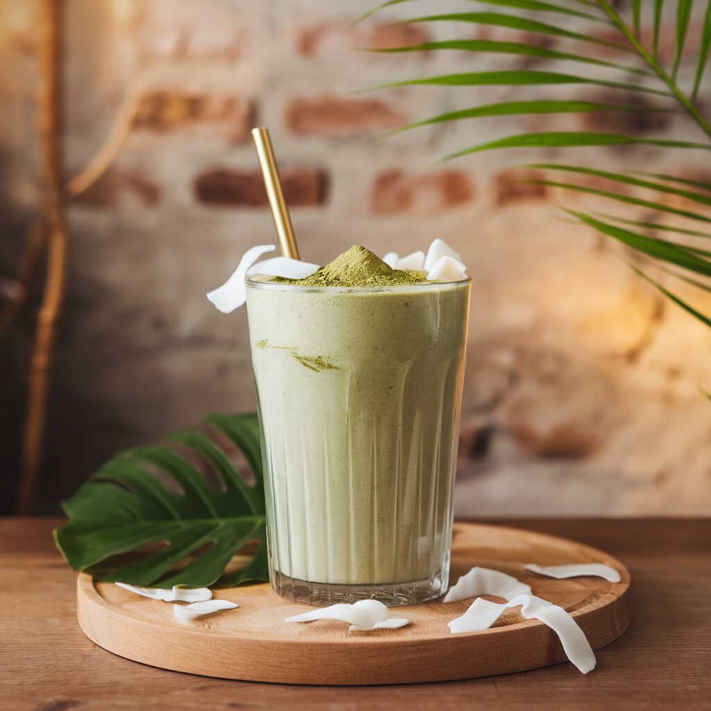 A glass of green matcha smoothie with a gold straw, topped with matcha powder and coconut flakes, set on a wooden tray with leaves and coconut flakes around.