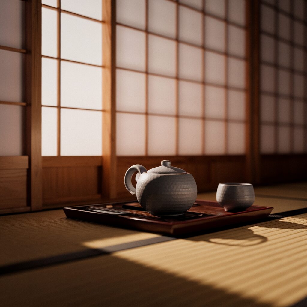 Create a photograph of Nara : Experience Traditional Tea Ceremonies — feature a traditional tea set as the hero, elegantly arranged on a tatami mat. Warm natural light filters through shoji screens, creating a peaceful atmosphere. Capture the scene in a close-up iPhone 15 Pro shot, focusing on the delicate ceramics and the serene ambiance of the tea room, with subtle shadows adding depth.