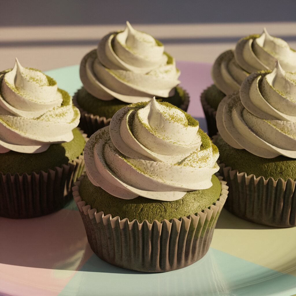 Five green cupcakes with swirled frosting are arranged on a pastel-colored plate, with sunlight casting soft shadows.