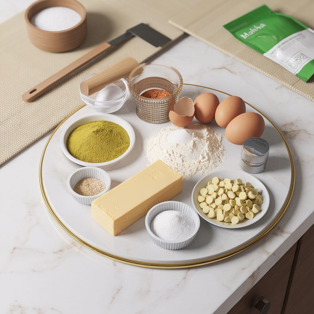 An array of ingredients including softened butter, granulated sugar, brown sugar, eggs, flour, matcha powder, baking soda, salt, and white chocolate chips, displayed elegantly on a white marble countertop with hints of gold. The natural lighting highlights the vibrant colors and textures, captured top-down with an iPhone 15 Pro.