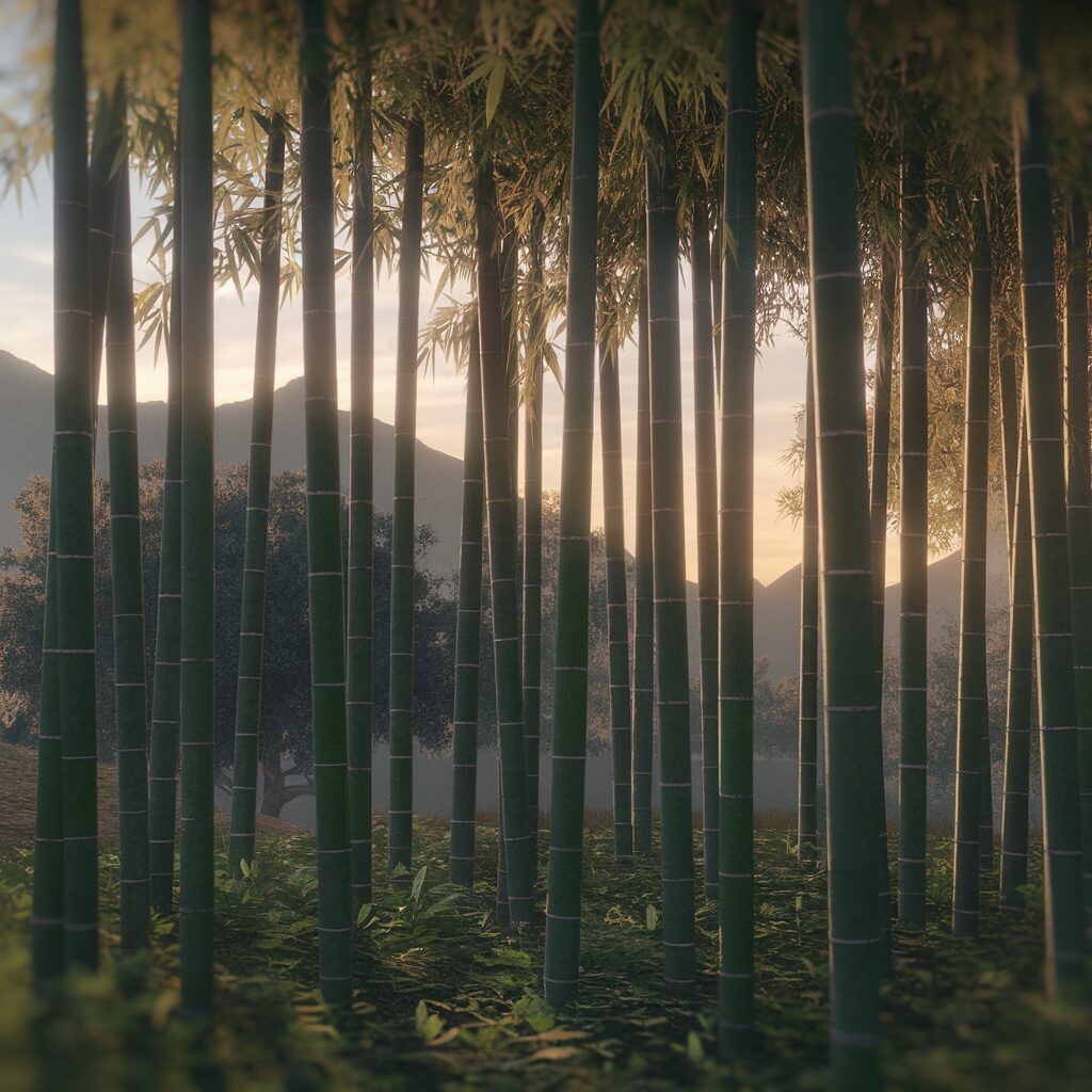 Dense bamboo forest with sunlight filtering through tall bamboo stalks; mountains and trees visible in the background.