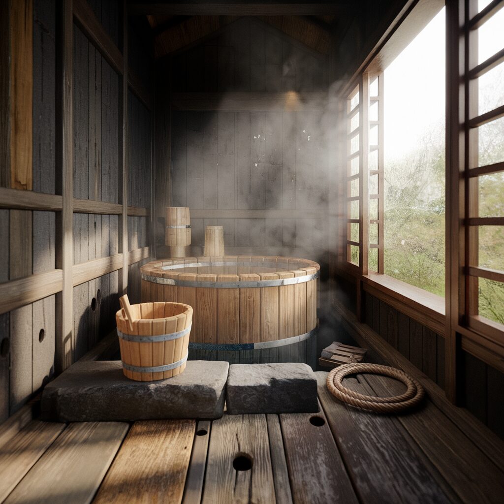 A wooden Japanese-style bath with steam rising, a wooden bucket on stone steps, and an open window letting in natural light.