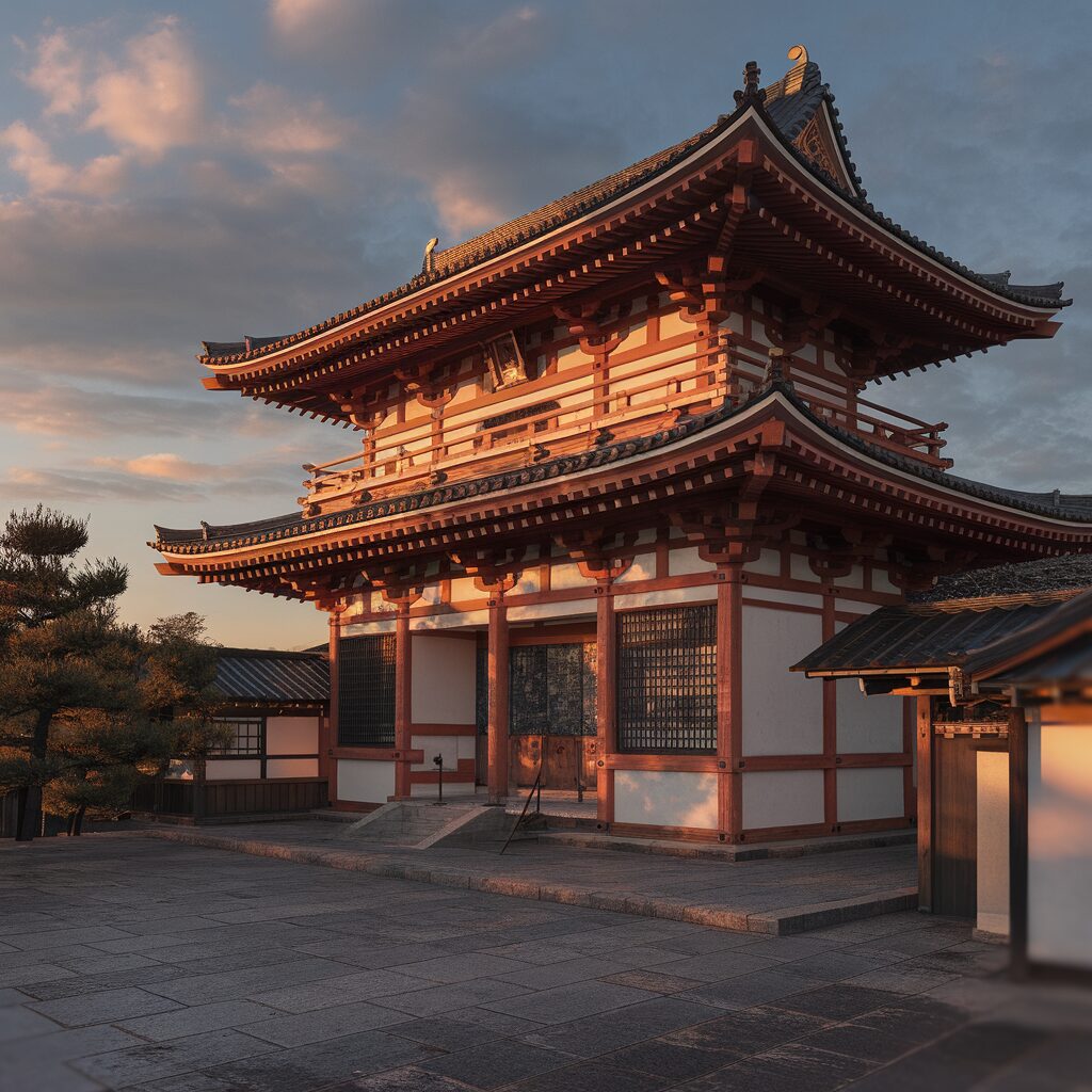 A traditional Japanese temple building with ornate wooden eaves and white walls, illuminated by warm sunlight, set against a cloudy sky.