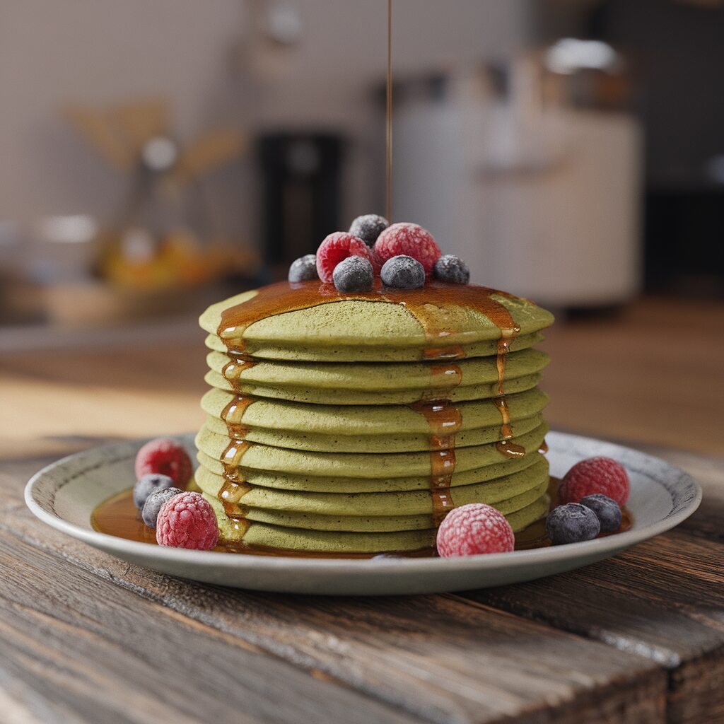 A stack of green pancakes topped with raspberries and blueberries, drizzled with syrup, sits on a plate on a wooden table.