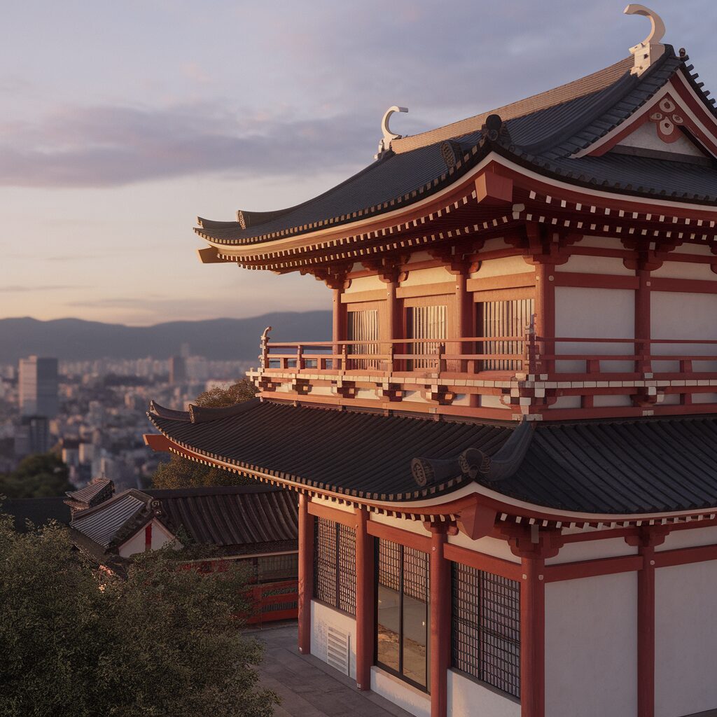 Traditional Japanese building with ornate curved roof, red and white exterior, and city skyline in the background at sunset.