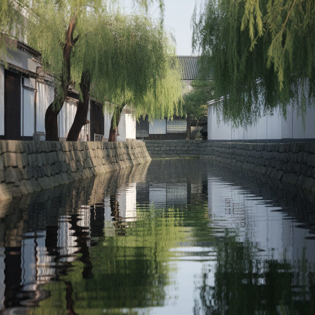 A narrow canal bordered by stone walls and willow trees, with traditional white-walled buildings lining both sides, is reflected in the calm water.