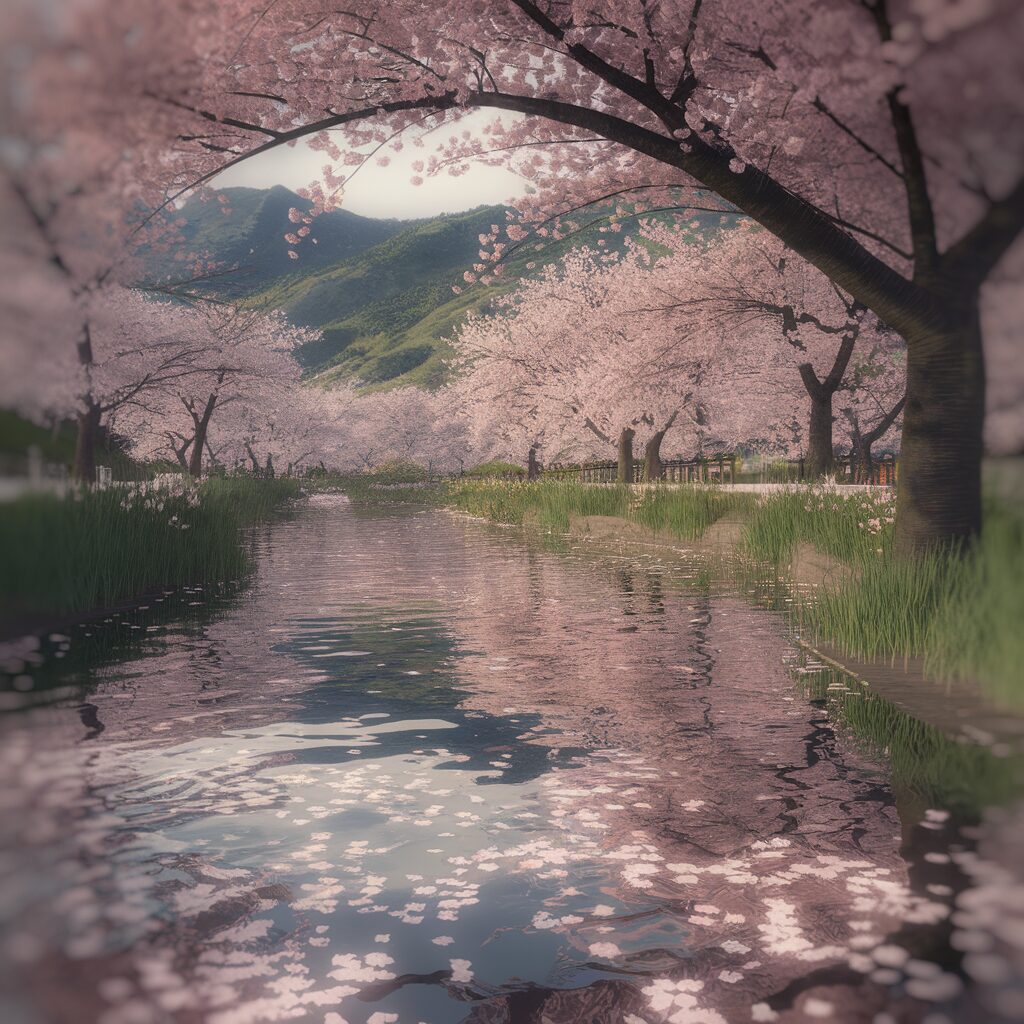 Cherry blossom trees line both sides of a calm river, with fallen petals floating on the water and distant mountains visible under a cloudy sky.