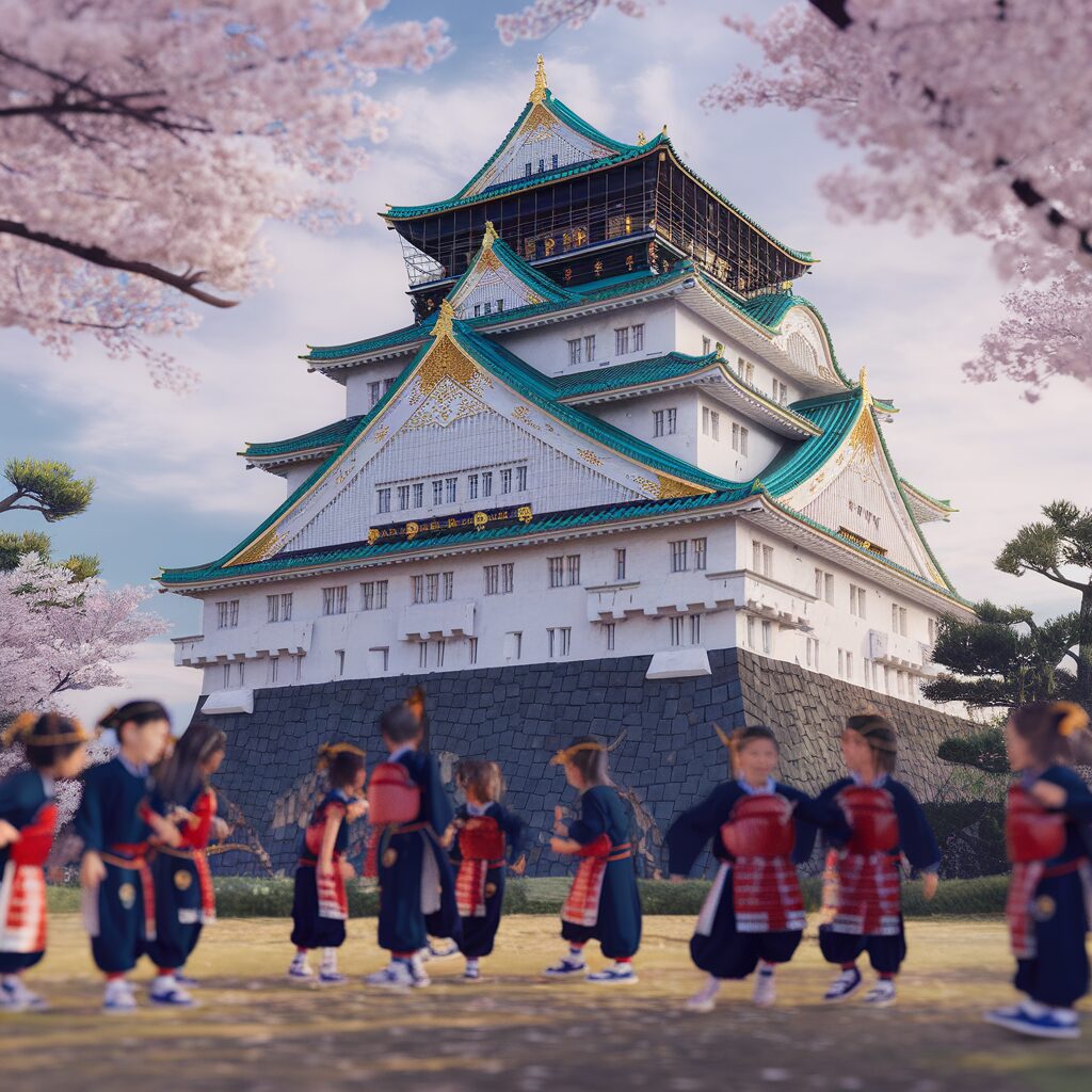 Create a photograph of Osaka with children: Discover History at Osaka Castle—show the majestic Osaka Castle as the hero, with its gleaming white walls and golden accents. Children dressed in traditional samurai costumes add a playful touch. The scene is set against a backdrop of cherry blossoms, with soft natural light illuminating the castle. Capture it with a wide-angle shot, emphasizing the blend of history, culture, and the joyful interaction of children.
