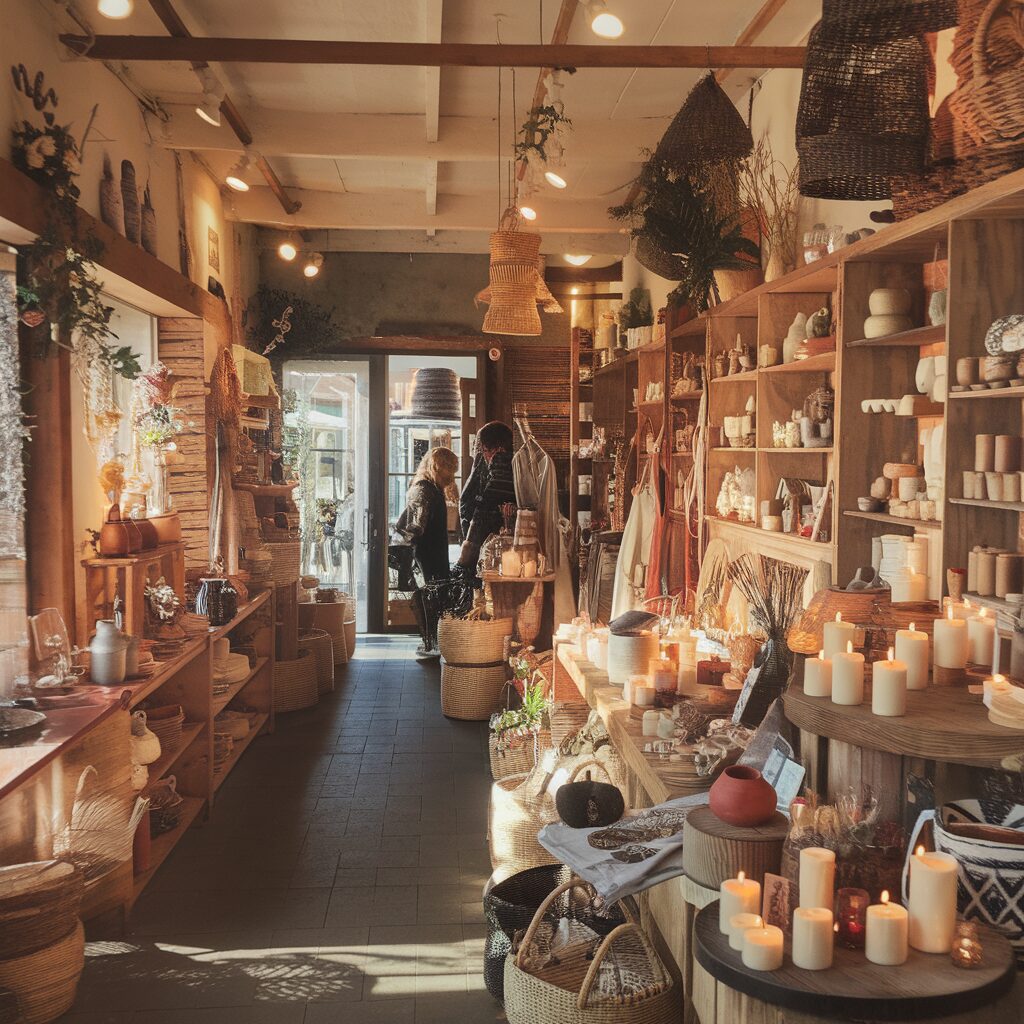 An artisan shop filled with handmade goods and crafts, bathed in warm natural light, as seen through an iPhone 15 Pro.