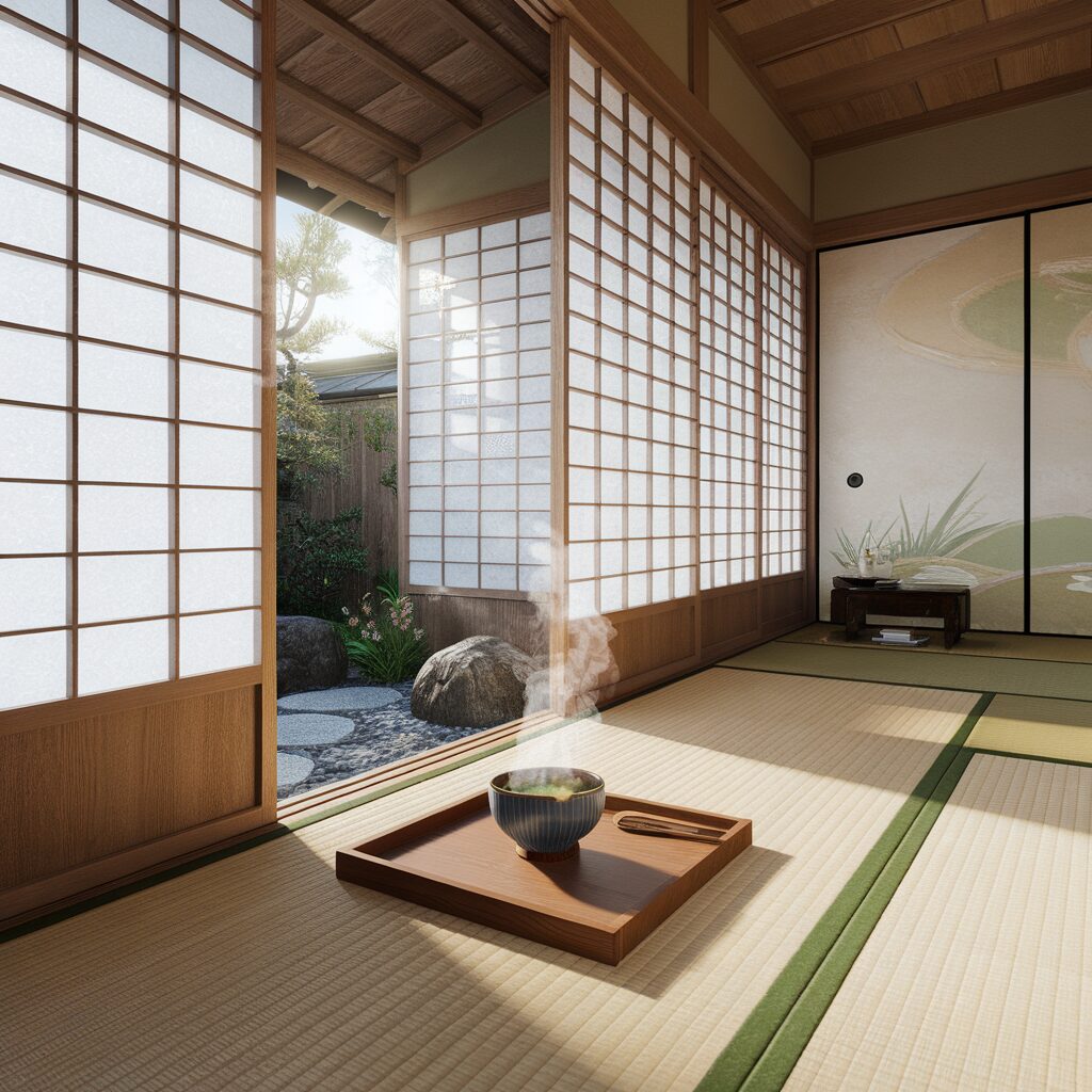 A traditional Japanese tatami room with shoji screens, a tea bowl on a wooden tray, and sunlight streaming in from a garden outside.