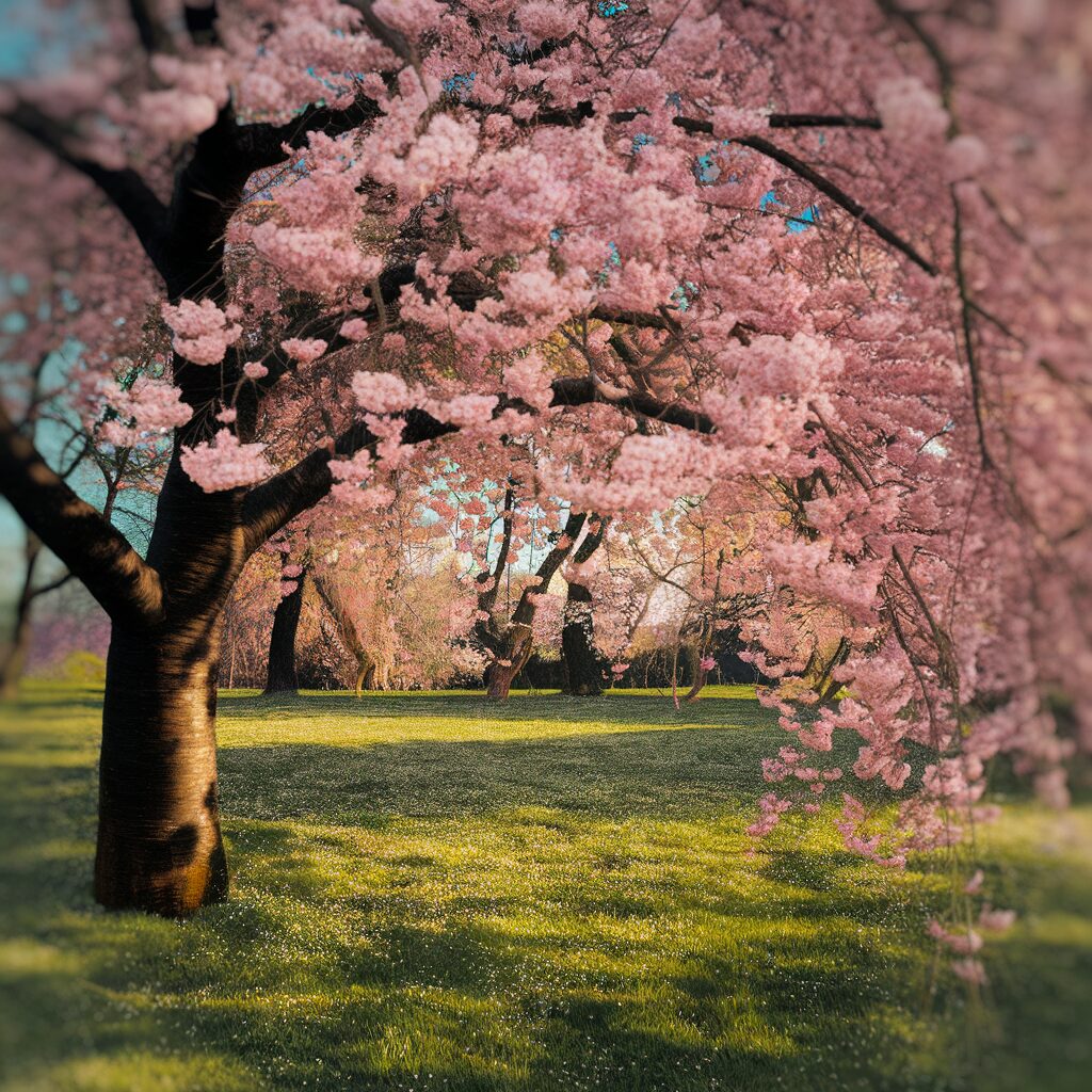 Create a photograph of Nara : Stroll Through Nara Park in Spring — highlight a cherry blossom tree as the hero, its branches heavy with pink blooms. Soft pink petals scatter across a lush green lawn, bathed in warm daylight. Use a close-up iPhone 15 Pro shot to capture the delicate petals and vibrant spring colors, with negative space emphasizing the tree's blossoms against a clear blue sky.