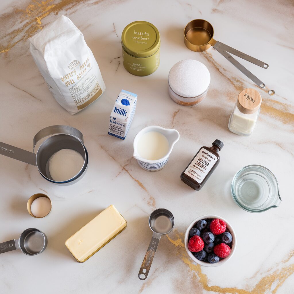 A white marble countertop with hints of gold, displaying all the ingredients: a bag of flour, a tin of matcha powder, a sugar jar, a baking powder canister, a carton of milk, an egg, a butter dish, a bottle of vanilla extract, and a small bowl of fresh berries. Measuring cups and mixing bowls are arranged, shot top-down with natural lighting on an iPhone 15 Pro.