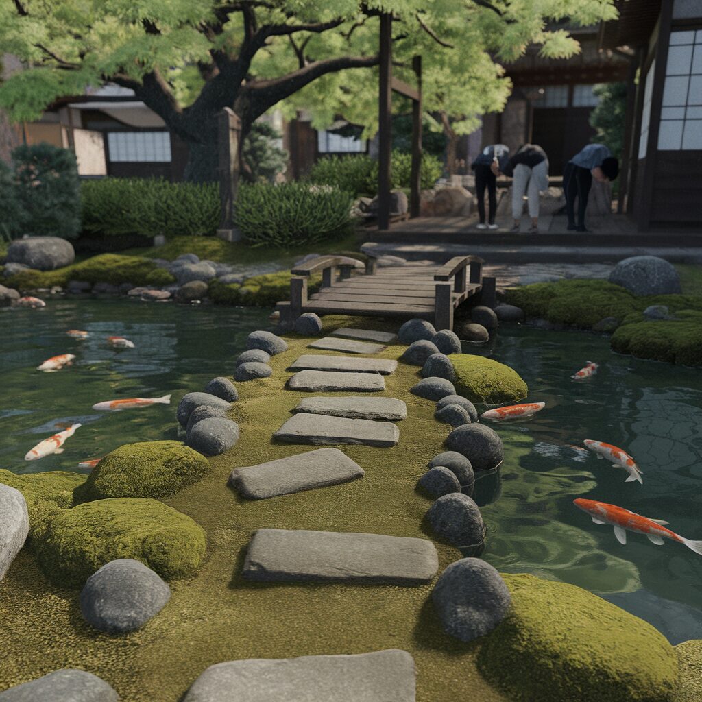 A stone path crosses a koi pond with orange and white fish, leading to a wooden deck in a garden with trees and people near a building in the background.