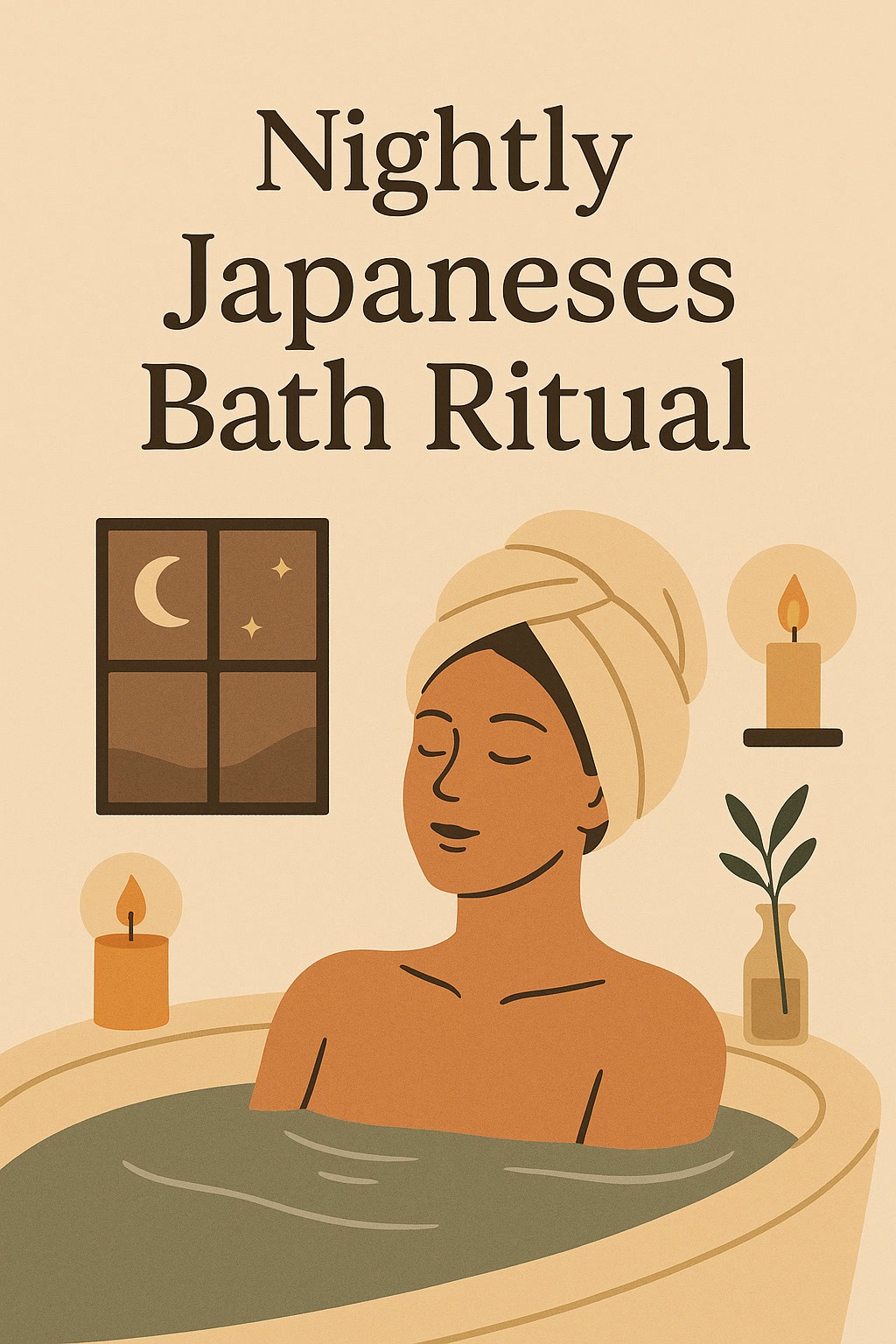 Illustration of a person relaxing in a bath with a towel on their head, surrounded by candles and a plant, under the text "Nightly Japaneses Bath Ritual.