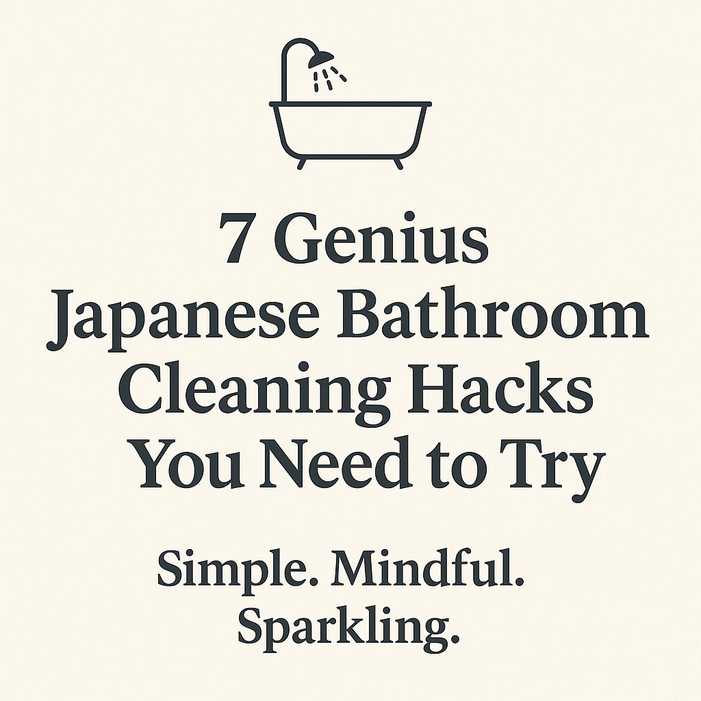 Text graphic with a bathtub icon and the words: "7 Genius Japanese Bathroom Cleaning Hacks You Need to Try. Simple. Mindful. Sparkling.