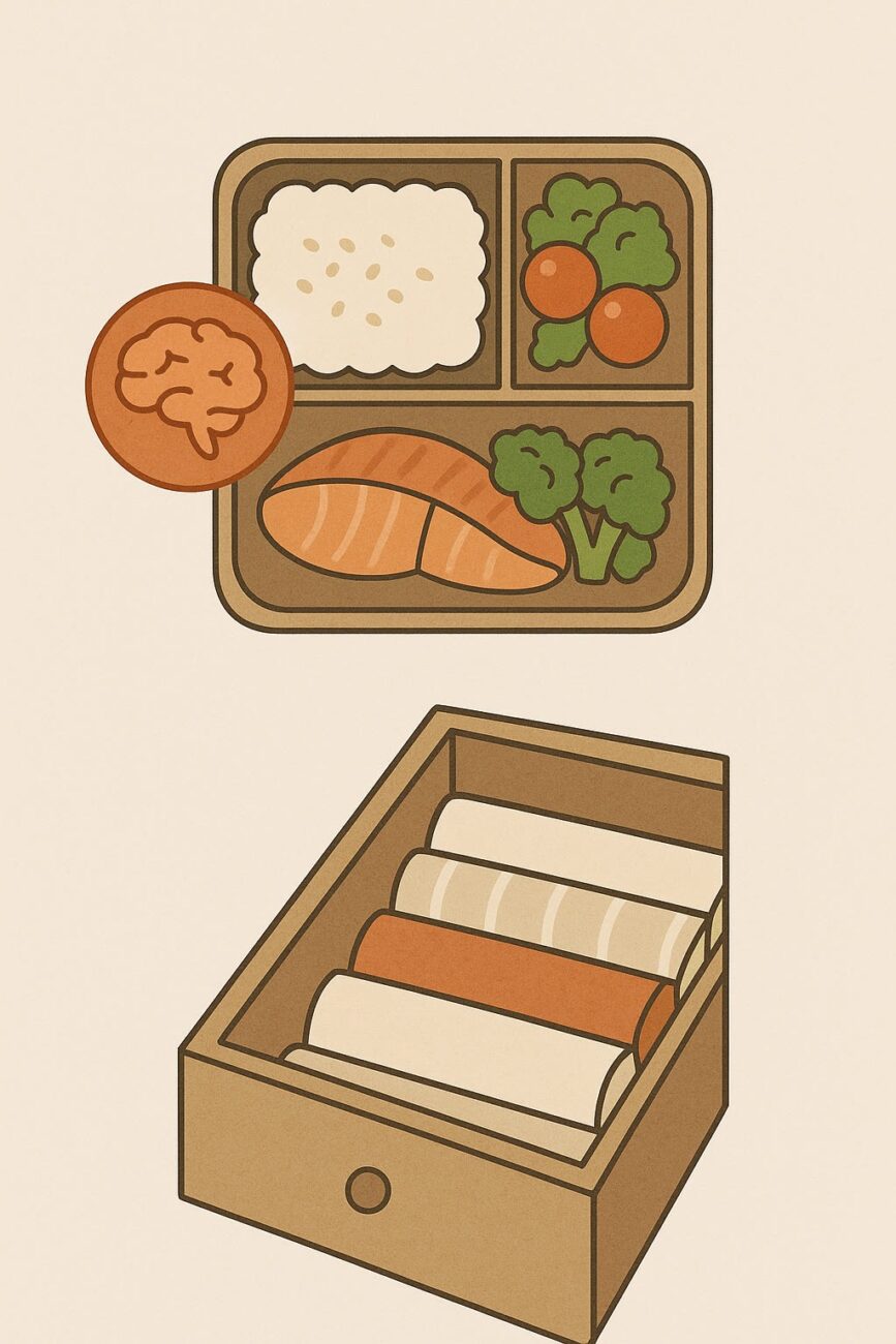 Illustration of a bento box with rice, salmon, broccoli, and tomatoes above a drawer containing neatly rolled cloths or towels.