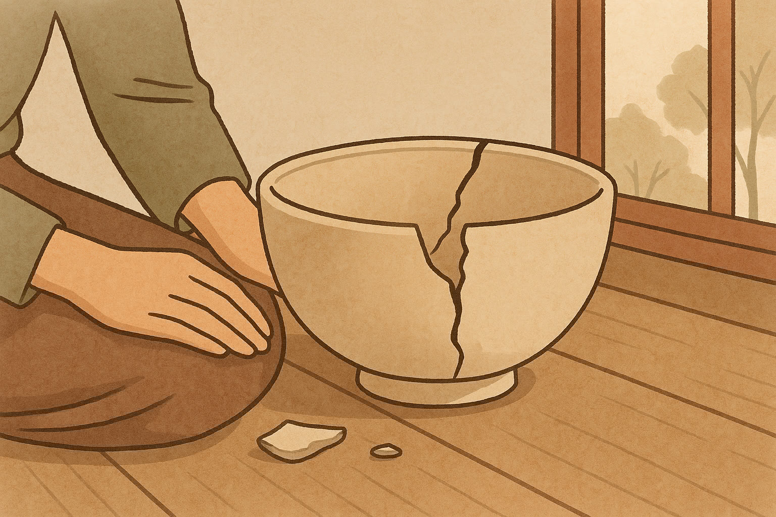 A person sits on the floor next to a cracked bowl with a broken piece and a small object lying nearby.