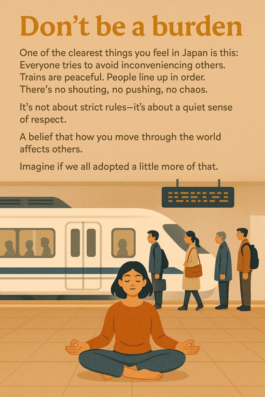 Illustration of a woman meditating in front of a train station, with people calmly waiting for a train and text about Japanese social etiquette and respect.