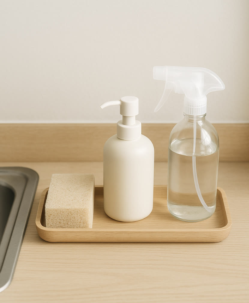 A beige sponge, a white pump bottle, and a clear spray bottle with liquid are placed on a wooden tray next to a sink.