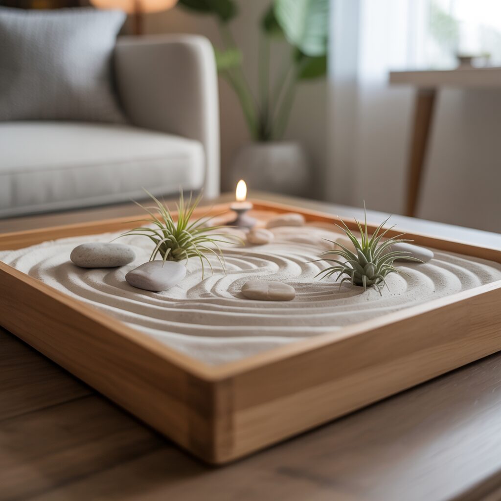A tabletop Zen garden with raked sand, smooth stones, and air plants sits on a wooden table in a modern, well-lit living room.