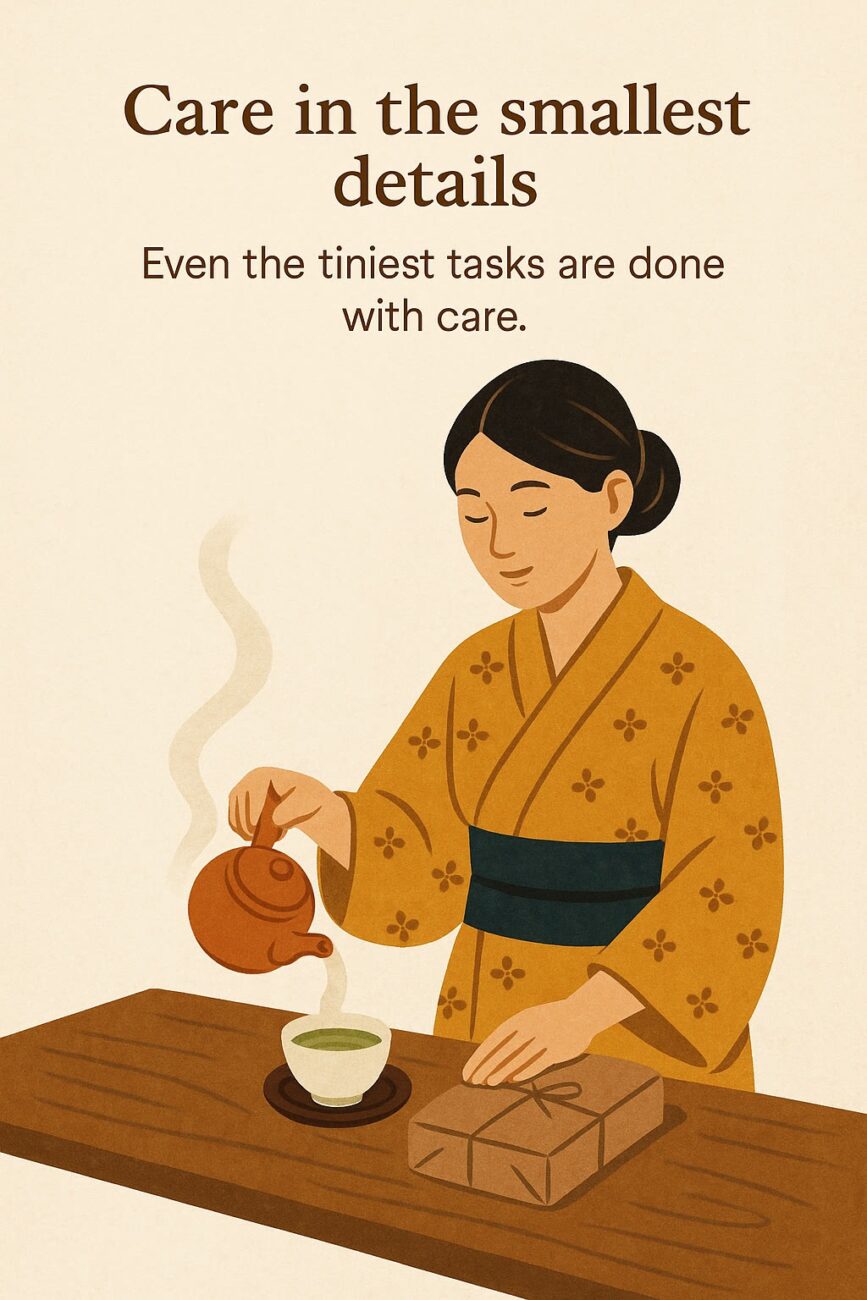 An illustration of a woman in a yellow kimono pouring tea into a cup beside a wrapped package, with the text: “Care in the smallest details. Even the tiniest tasks are done with care.”.