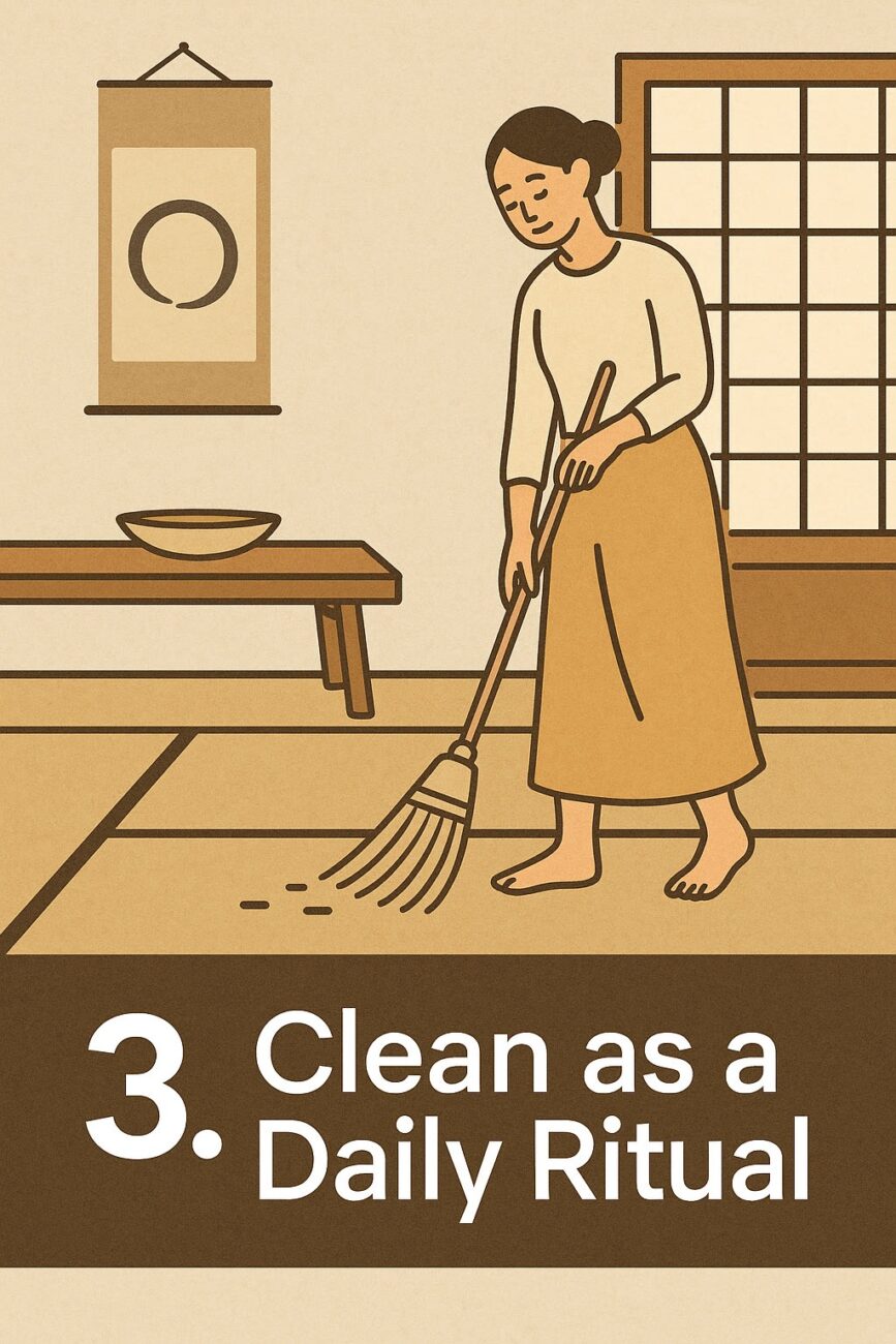 Illustration of a woman sweeping the floor in a traditional room with text that reads, "3. Clean as a Daily Ritual.