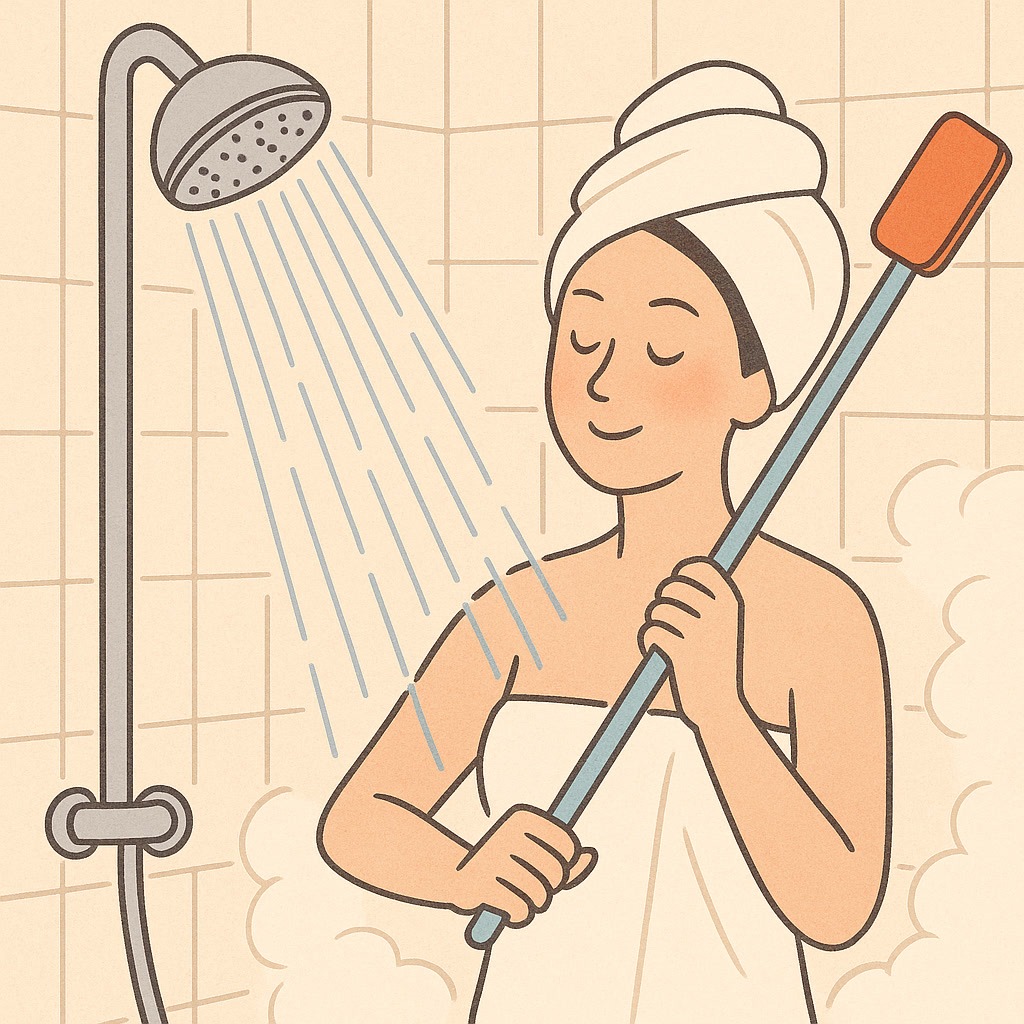 Person in a towel and hair wrap uses a long-handled brush to wash their back while standing under a running shower in a tiled bathroom.