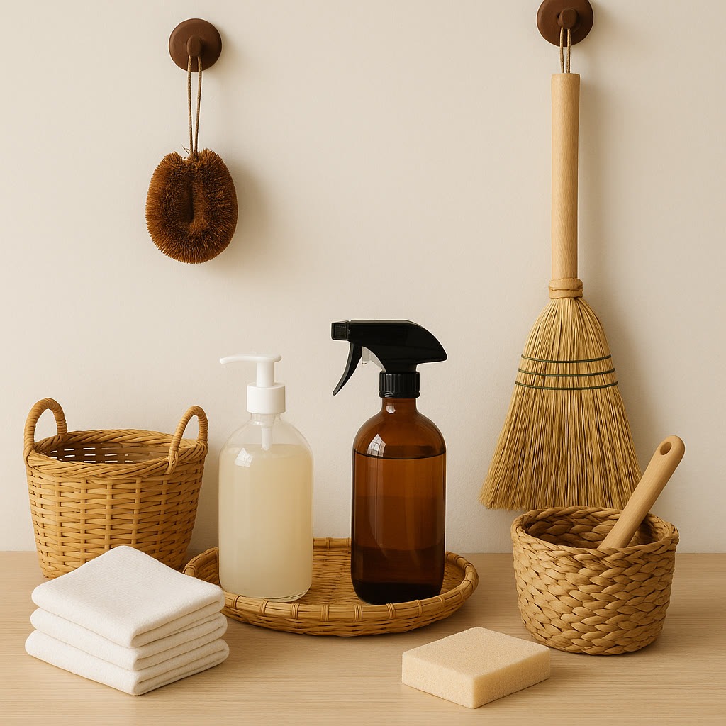 A collection of cleaning supplies including folded towels, a bottle of soap, a spray bottle, a sponge, baskets, a brush, and a broom arranged on a wooden surface.