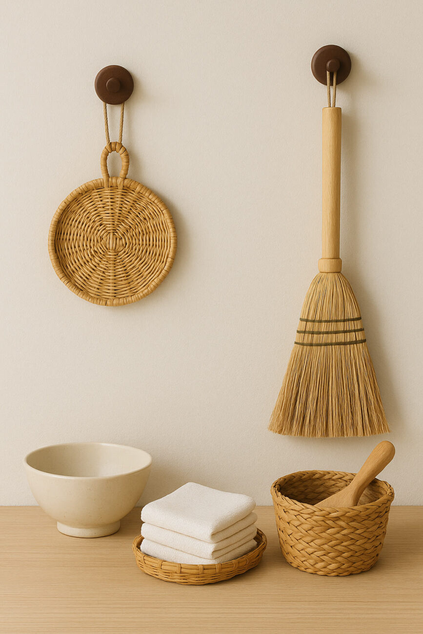 A small broom and woven fan hang on a wall above a bowl, towels, a woven basket with a pestle, and a round tray on a light wooden surface.