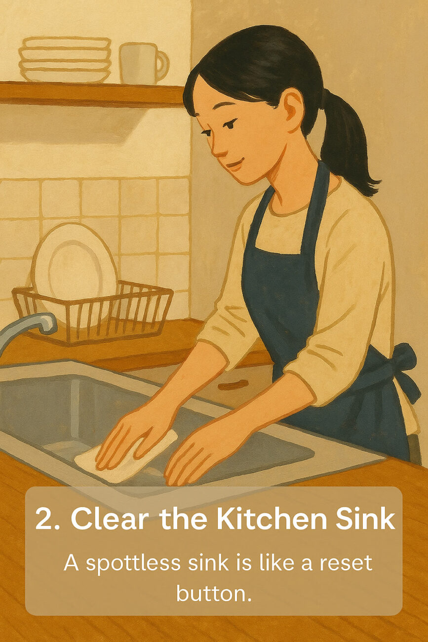 A woman wearing an apron wipes a clean kitchen sink with a sponge; dishes are drying on a rack nearby. Text reads: "2. Clear the Kitchen Sink. A spotless sink is like a reset button.