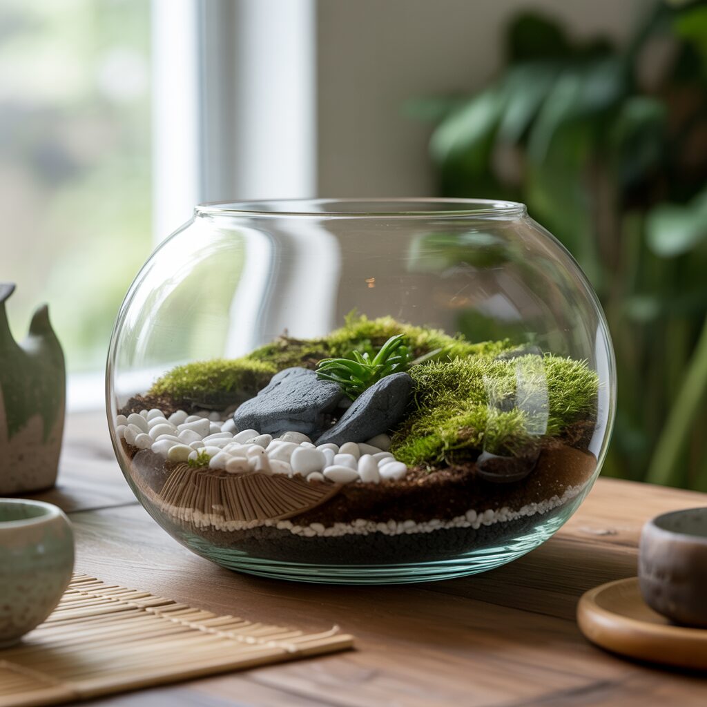 A glass bowl terrarium containing moss, white pebbles, soil, and small rocks sits on a wooden table indoors, with plants and teaware in the background.