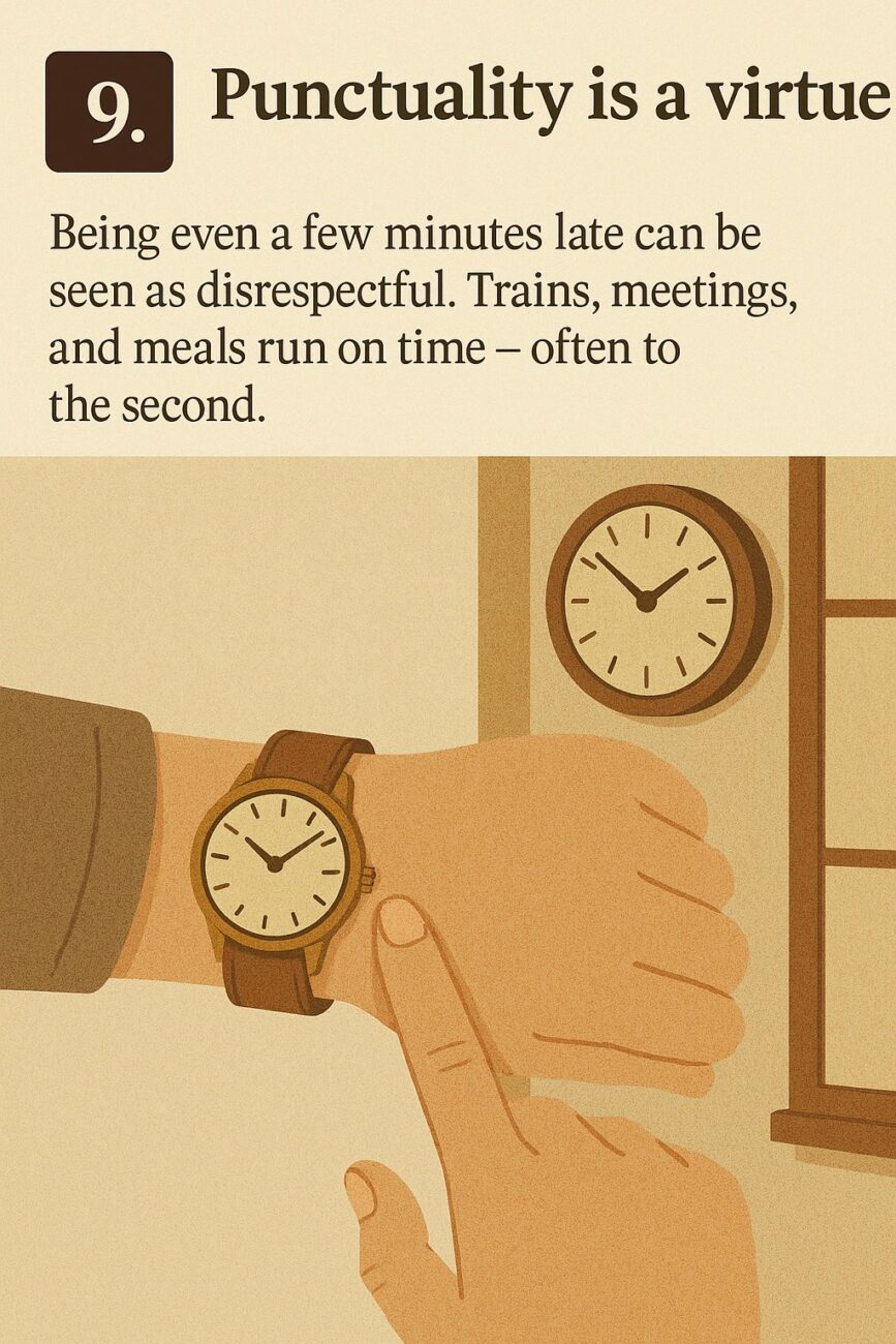 A person checks their wristwatch, showing 9:00, while a wall clock in the background displays the same time.