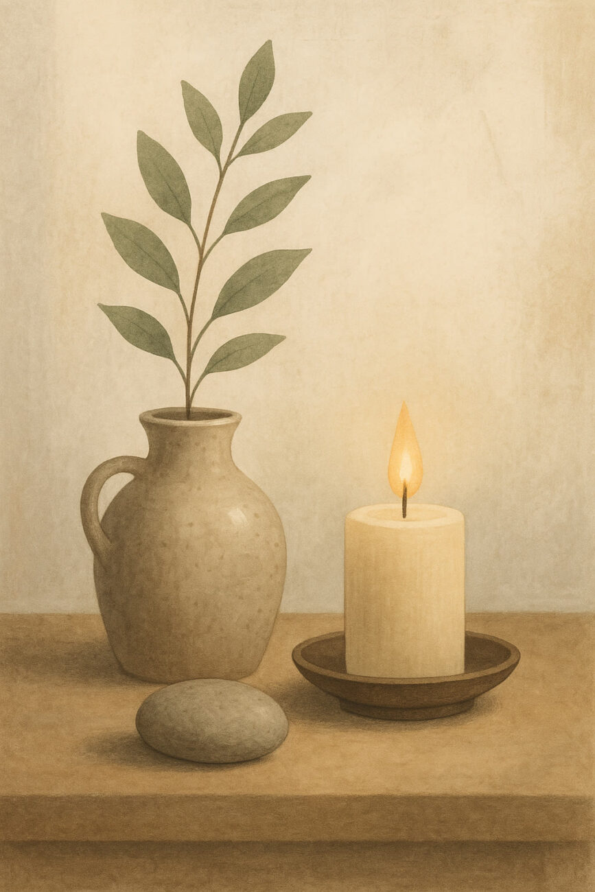 A ceramic vase with green leaves, a round stone, and a lit candle on a saucer are arranged on a wooden surface against a neutral background.