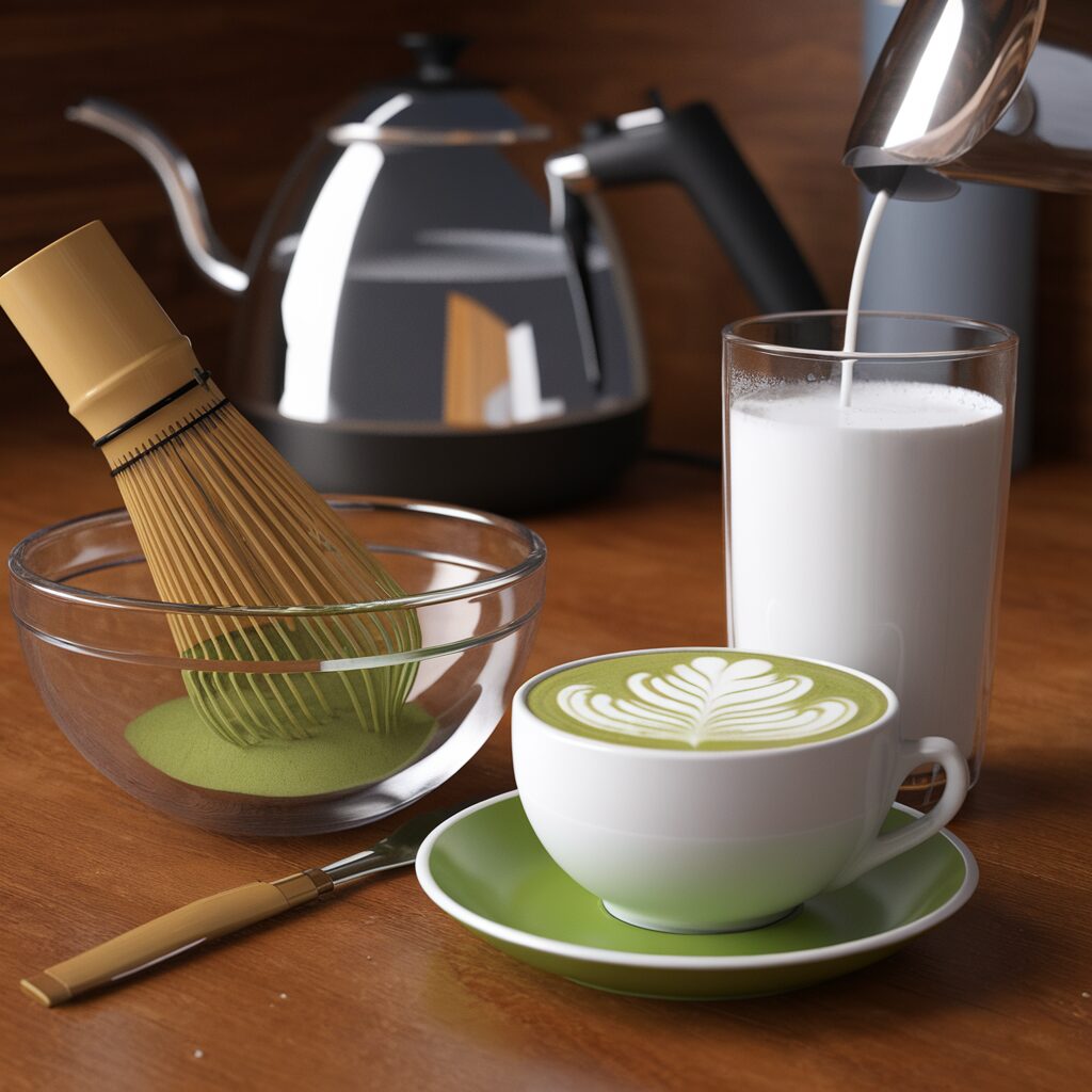 A series of images showing the step-by-step preparation of a matcha latte: whisking the matcha, heating the milk, combining the two, and the final beautifully presented latte in a cozy kitchen setting.