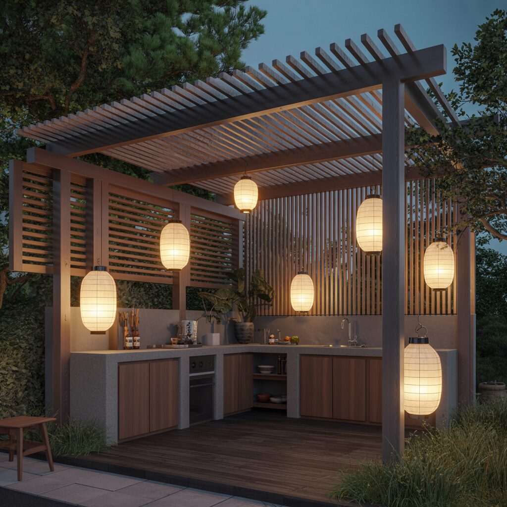 Outdoor kitchen with wooden pergola, modern cabinetry, countertops, and several hanging lanterns illuminated in the evening. Trees and greenery surround the space.