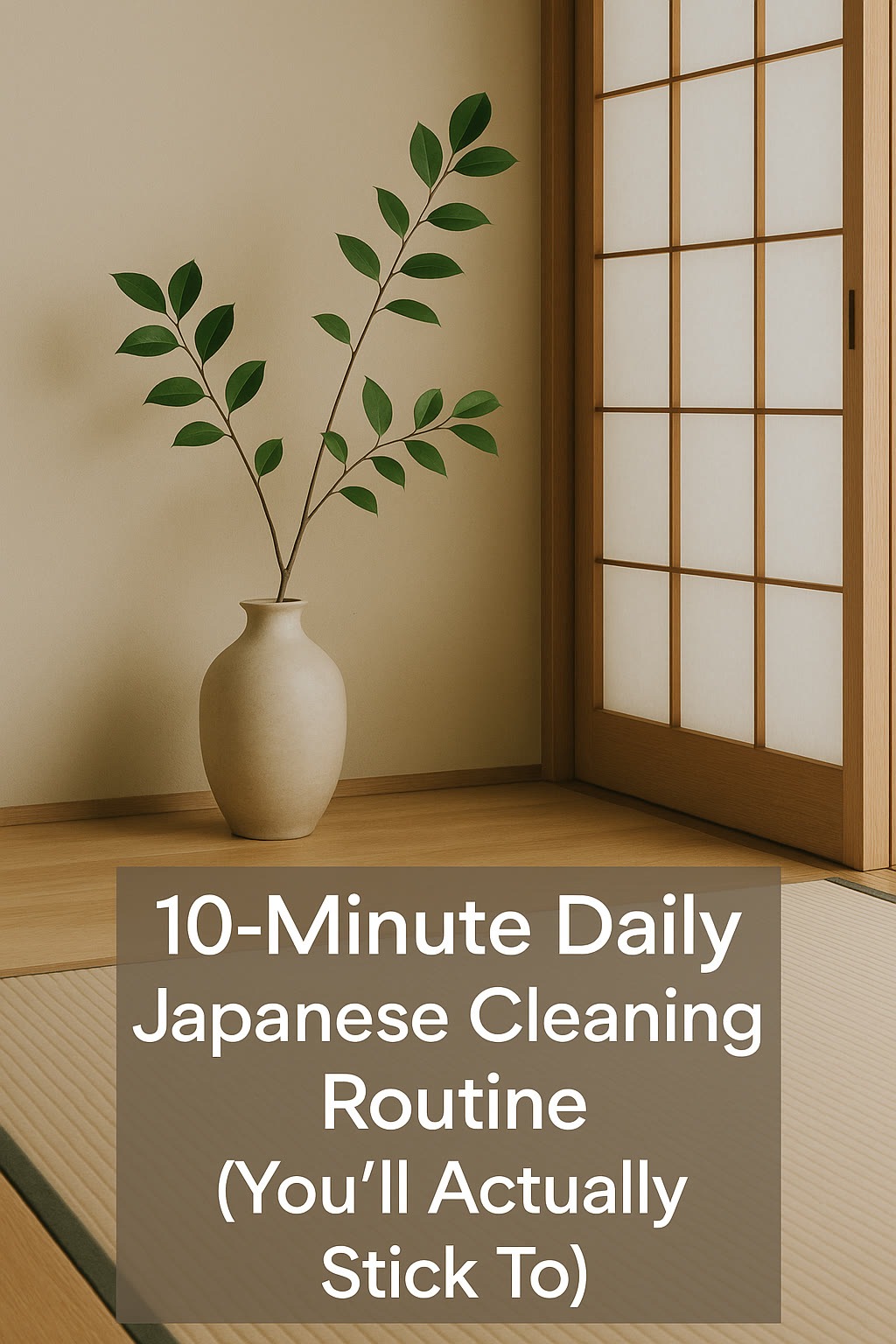 A minimalist room with a tatami mat, a ceramic vase with branches, and a shoji screen, overlaid with text about a 10-minute daily Japanese cleaning routine.