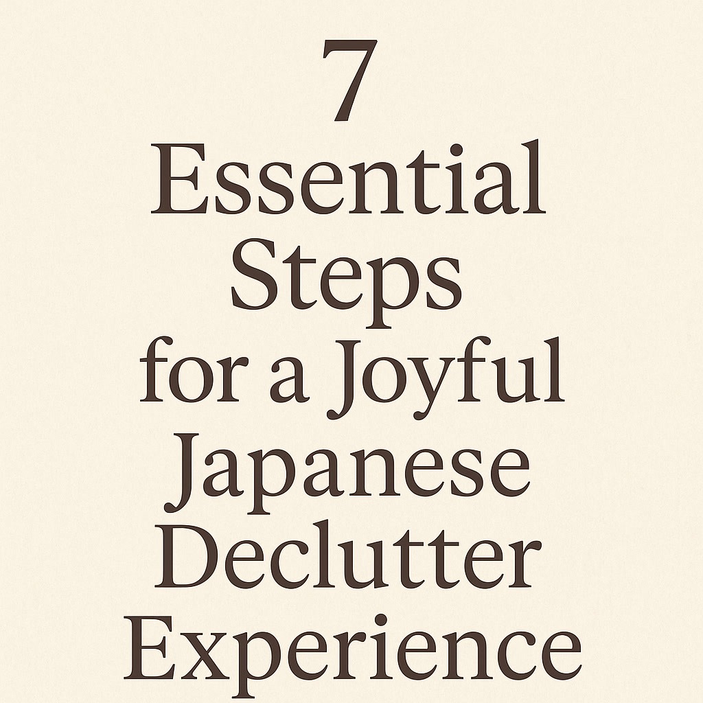 Text reads: "7 Essential Steps for a Joyful Japanese Declutter Experience" on a plain light background.