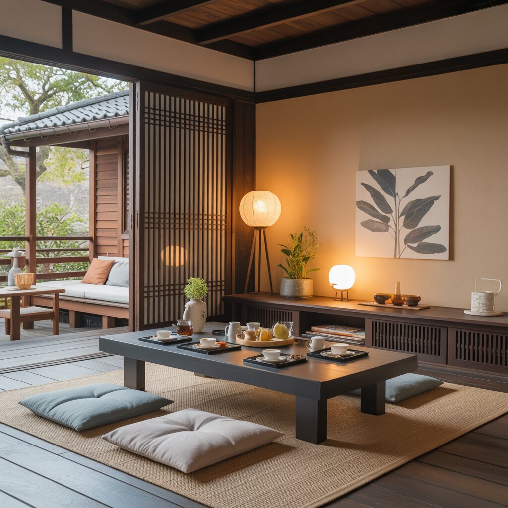 A modern Japanese-style dining room with a low black table, floor cushions, tableware, warm lighting, and sliding doors opening to a patio with outdoor seating.