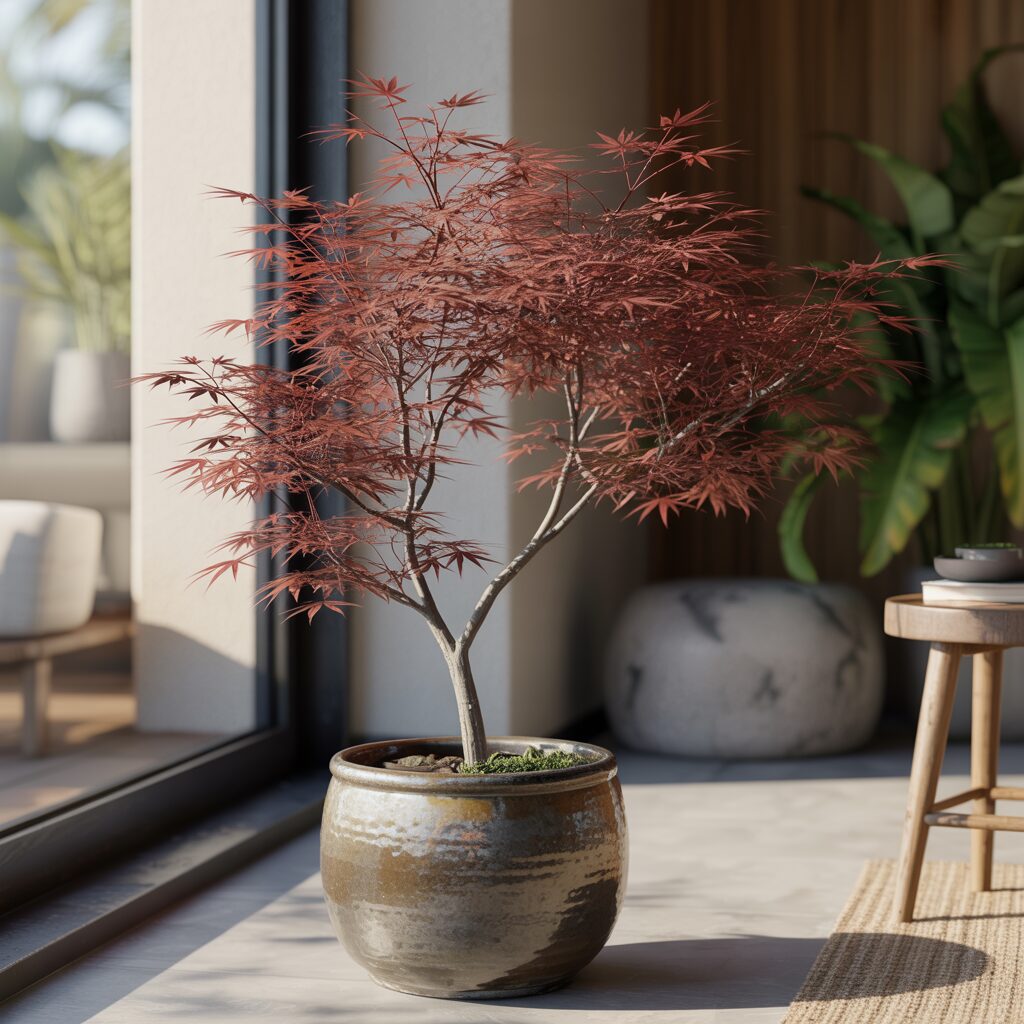A potted Japanese maple tree with red leaves sits indoors by a large window, surrounded by modern decor and natural light.