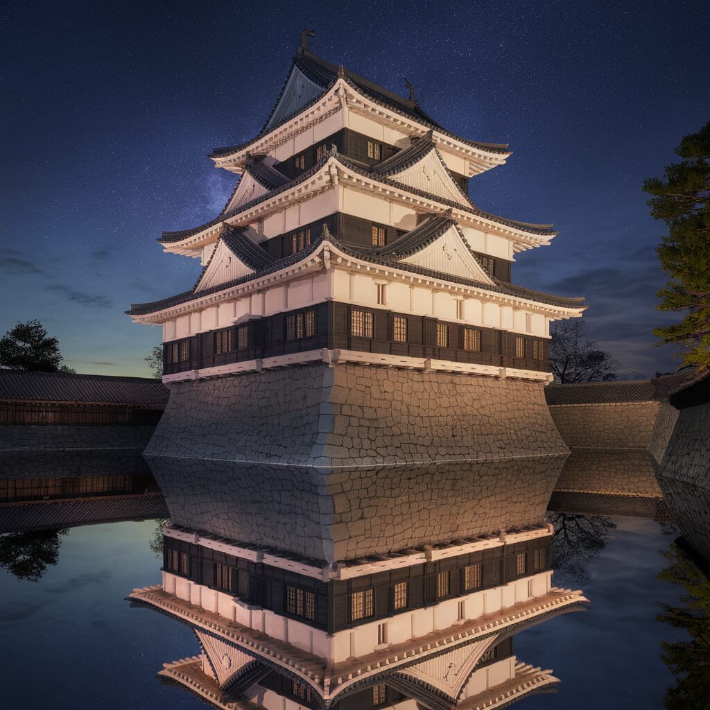 Traditional Japanese castle with white walls and dark roof, illuminated at night, reflected clearly in still water below, with a starry sky in the background.