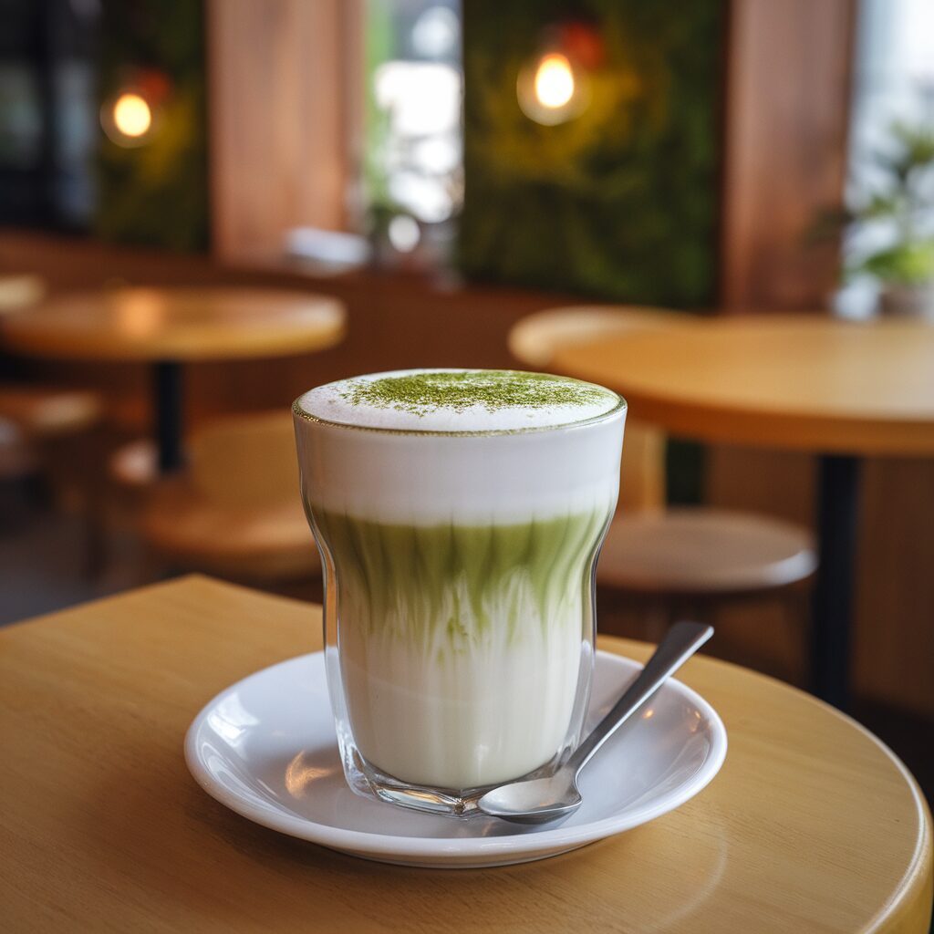 A beautifully crafted matcha latte topped with a frothy green layer and a sprinkle of matcha powder, presented in a cozy café setting with natural lighting, captured on an iPhone 15 Pro.