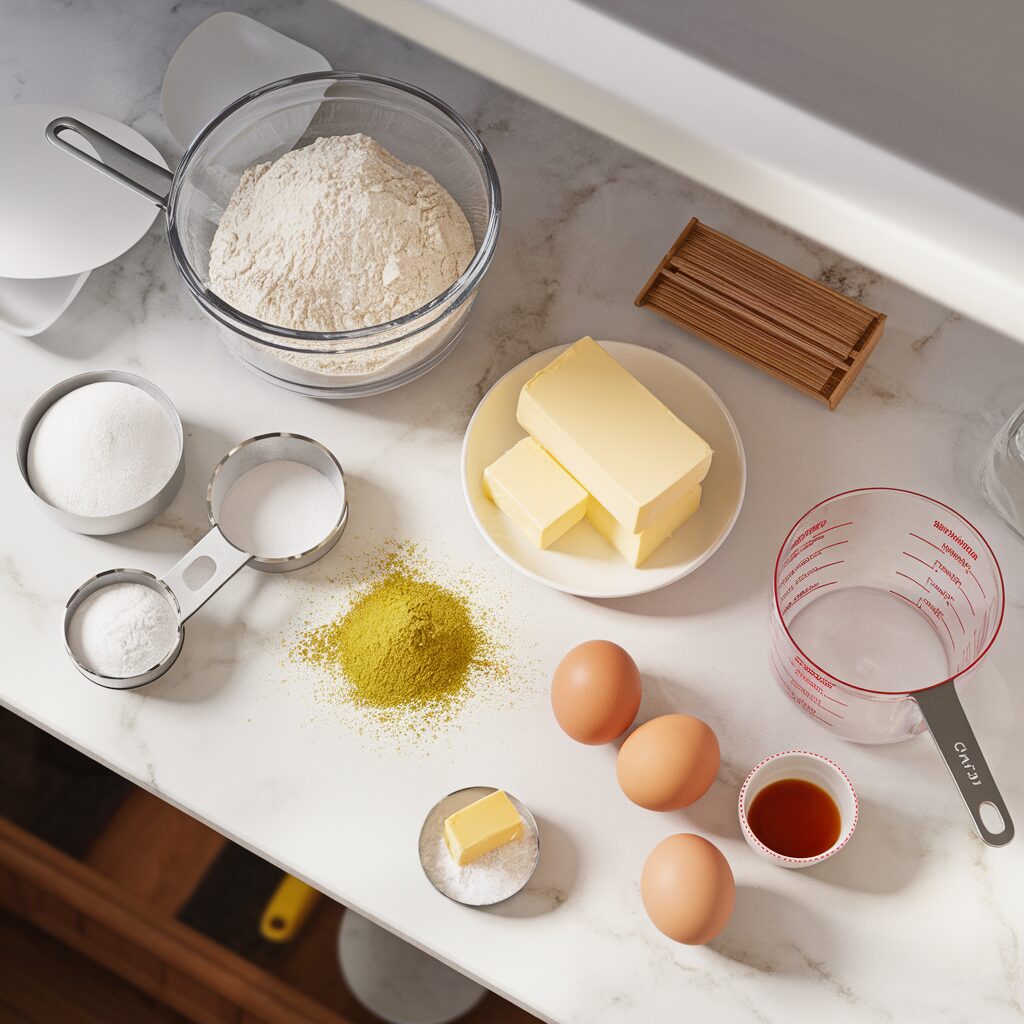All ingredients including flour, matcha powder, sugar, butter, eggs, and vanilla extract, neatly arranged on a white marble countertop with hints of gold. Measuring cups and bowls are also present, shot top-down with natural lighting using an iPhone 15 Pro.