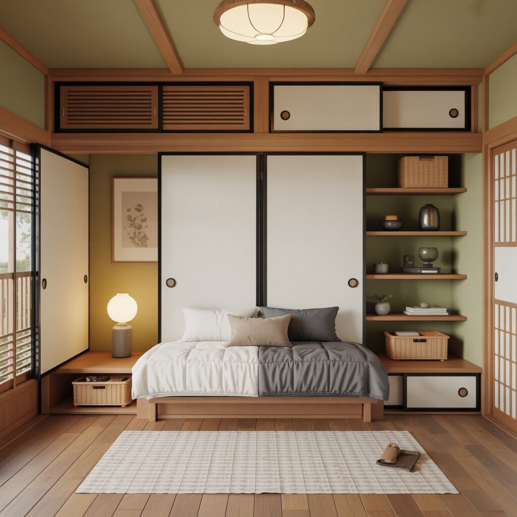 A minimalist Japanese-style bedroom with a futon bed, sliding shoji doors, shelves with decor, a lamp, and a woven rug on a wooden floor.
