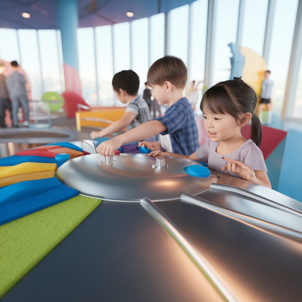 Create a photograph of Osaka with children: Visit Kids Plaza Osaka—show a colorful, hands-on science exhibit as the hero, with children eagerly participating. Bright primary colors dominate, with textures like smooth metal and soft felt in the play areas. Natural daylight streams through large windows, creating a lively and inviting atmosphere. Use a top-down shot with a shallow depth of field to capture the children's engagement and the vibrant educational environment.