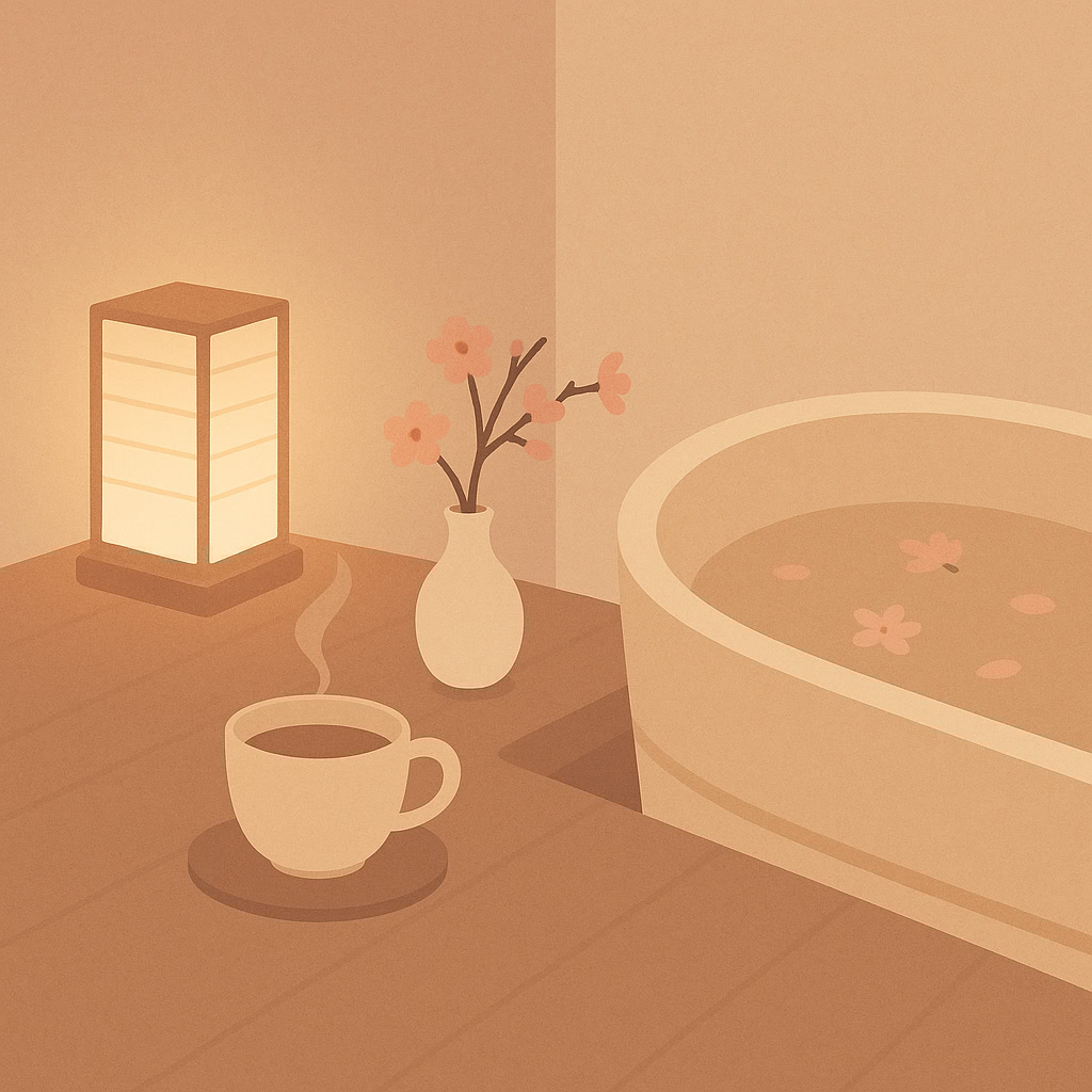 A softly lit room with a glowing lantern, a vase of flowers, a steaming cup, and a filled bathtub with floating petals, all in warm beige tones.