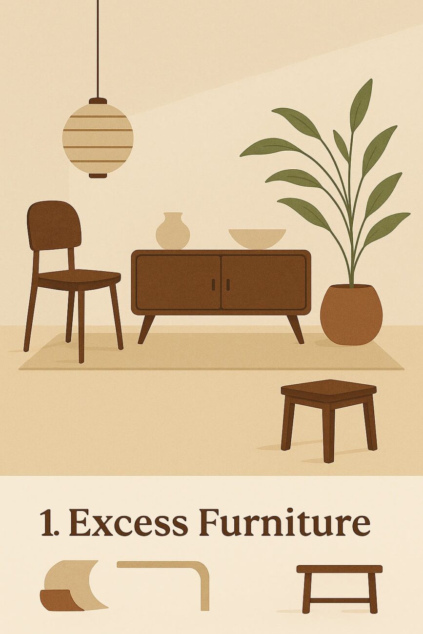 A minimalist living room with a chair, cabinet, plant, table, and decor items, labeled “1. Excess Furniture” with simple icons below.