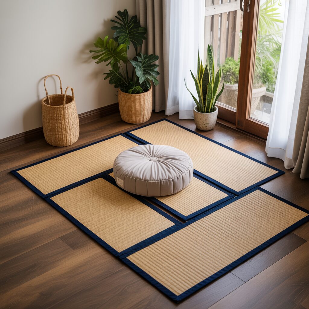 A round cushion sits on a tatami mat in a bright room with wooden floors, potted plants, a wicker basket, and a glass door leading outside.