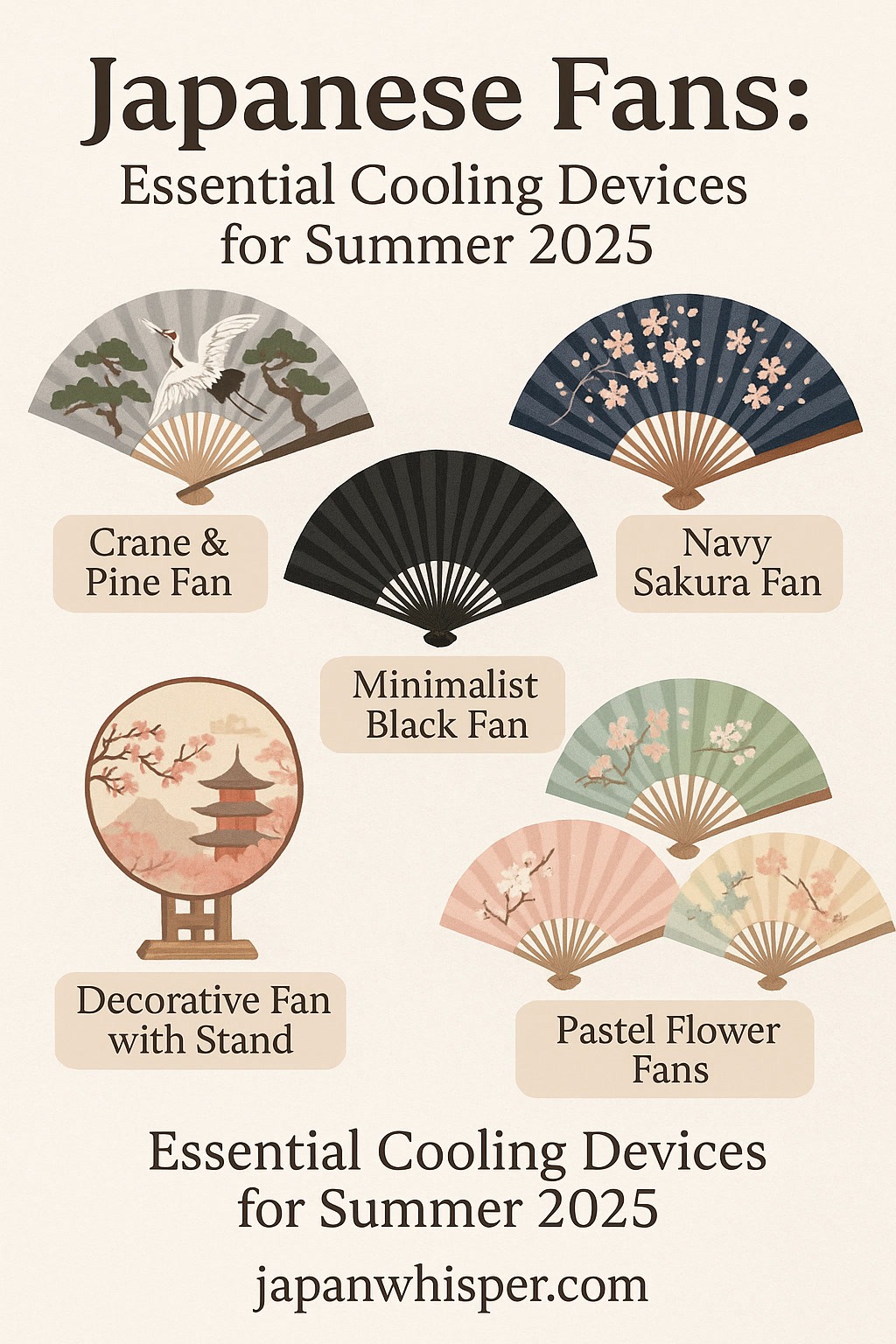A display of five Japanese fans labeled as essential cooling devices for summer 2025, each with distinct designs and names, on a beige background.