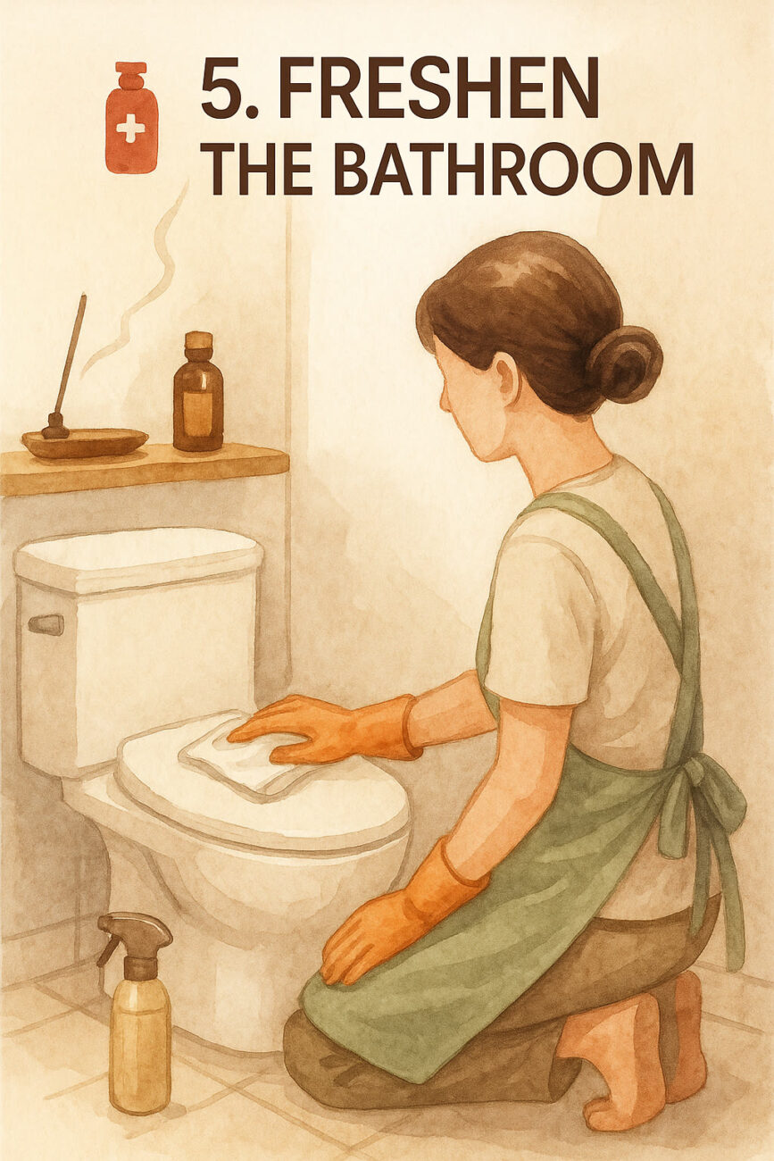 A person wearing gloves and an apron is cleaning a toilet with a cloth in a bathroom. Cleaning supplies and incense are on a nearby shelf. Text reads "5. Freshen the Bathroom.