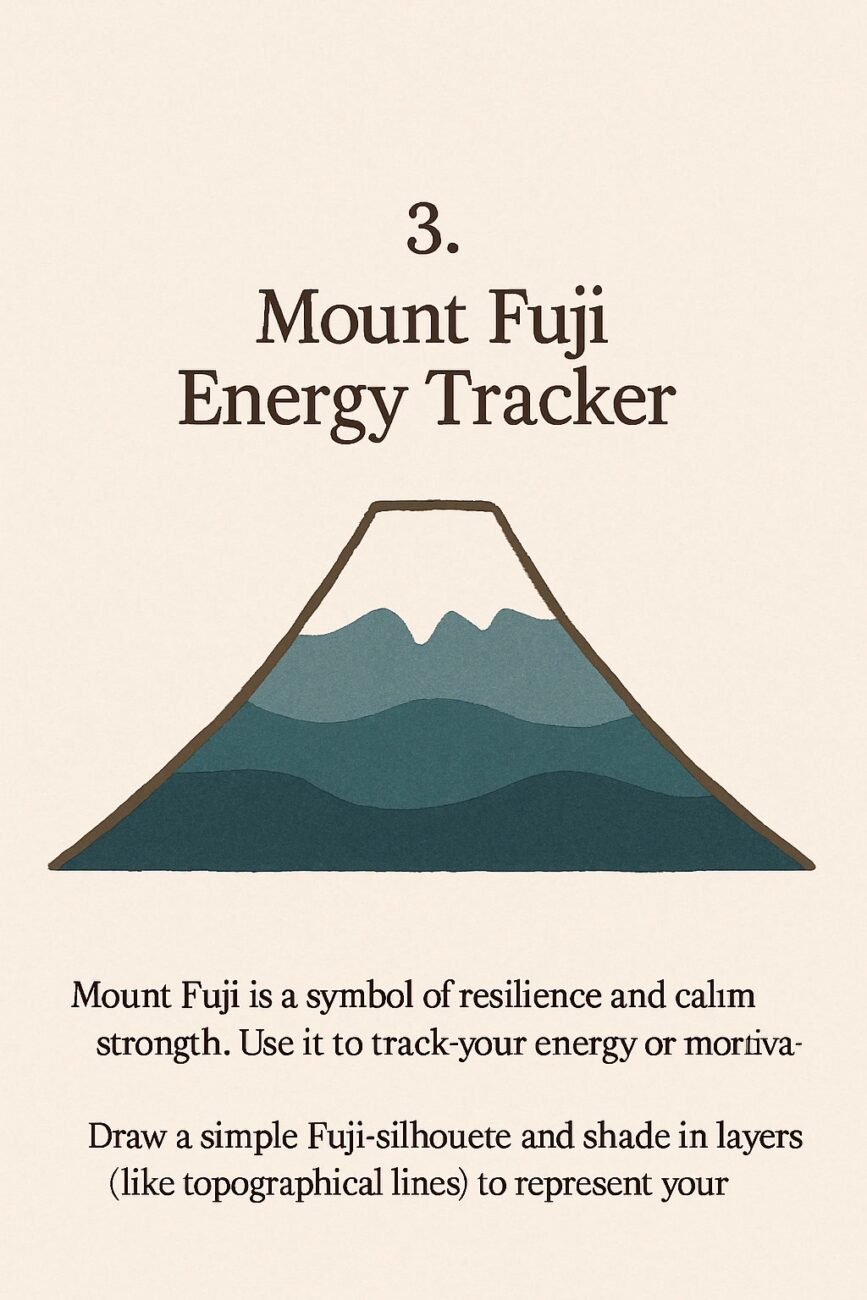A stylized illustration of Mount Fuji with layered shading, titled "Mount Fuji Energy Tracker," and instructions for using the image to track energy or motivation levels.